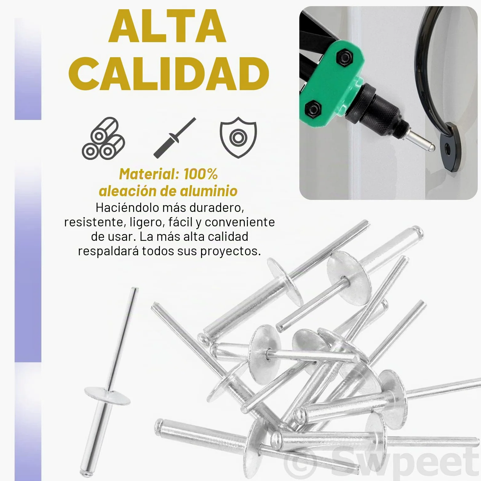 Swpeet 261 Pistolas de Remache Pop de 3/16 Pulgadas 1/8 Pulgadas 5/32 Pulgadas M3.2/4/4.8 de 13 Pulgadas y 3 Cabezales de Remache Intercambiables con Brida Grande de Aluminio, Kit Surtido de Ciegos