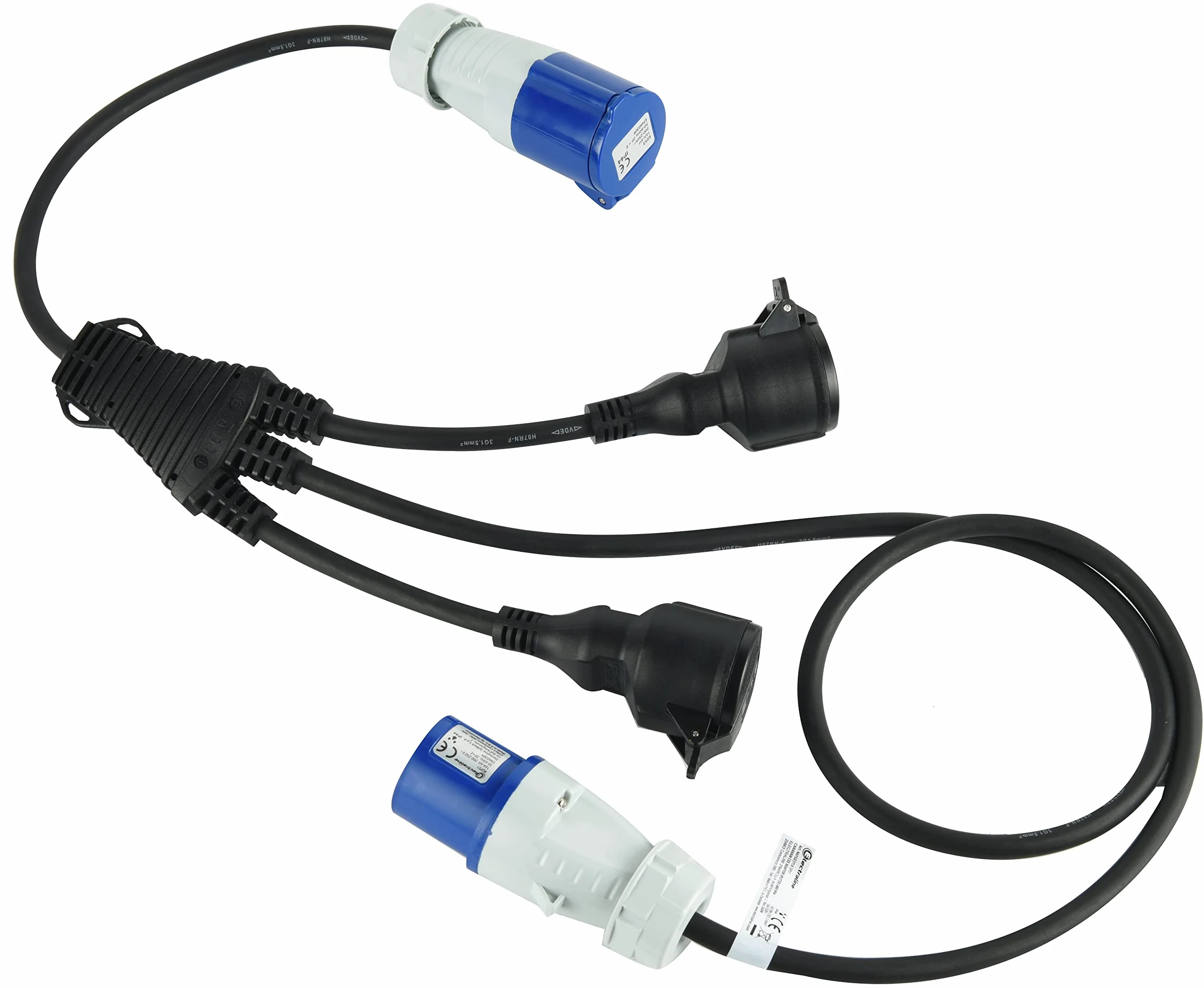 Electraline 46152 Cable Alargador Prolongador Industrial 3 vías con 2 Tomas Schuko + 1 Enchufe Industrial CEE,Enchufe CEE, IP44, Cable Goma H07RN-F 3G1.5mm, Longitud 1.5M, Negro