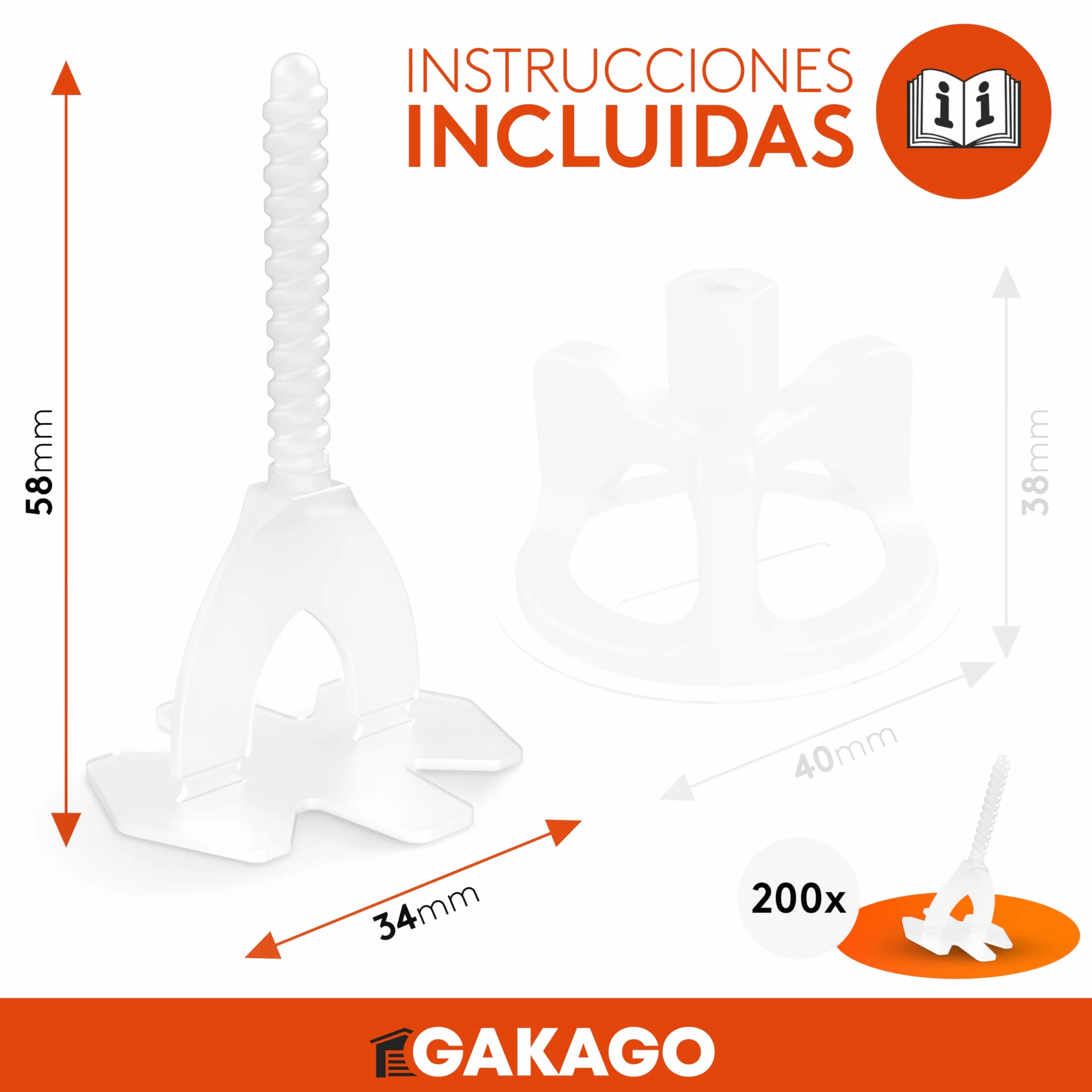 Gakago Sistema de nivelación de baldosas 200 tacos roscados de 2 mm - Ayuda a la colocación para un patrón de juntas perfecto - Gama superior para grosores de baldosa de 3-18 mm