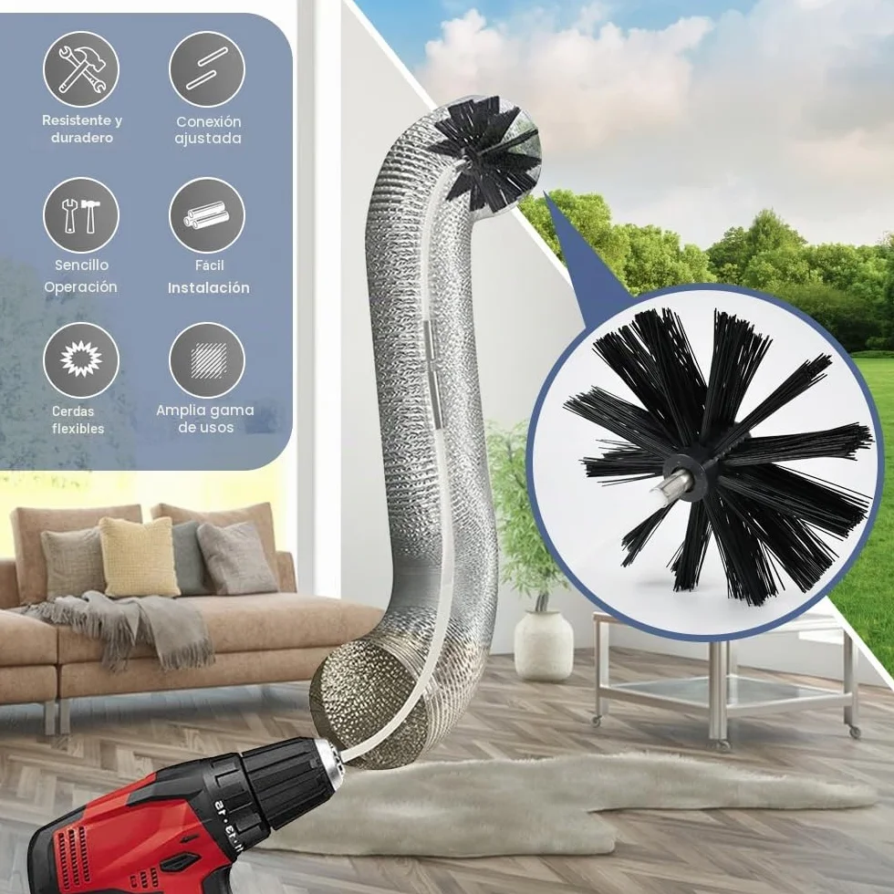 Kit de Deshollinamiento Limpieza de Chimenea,con 9 Varillas de 410mm, 2 Cepillos de 150mm, 1 Cepillo con Mango de Madera,1 Cepillo Largo, 1 Cinta Adhesiva, 2 Cabeza Hexagonal y 1 Bolsa de Tela