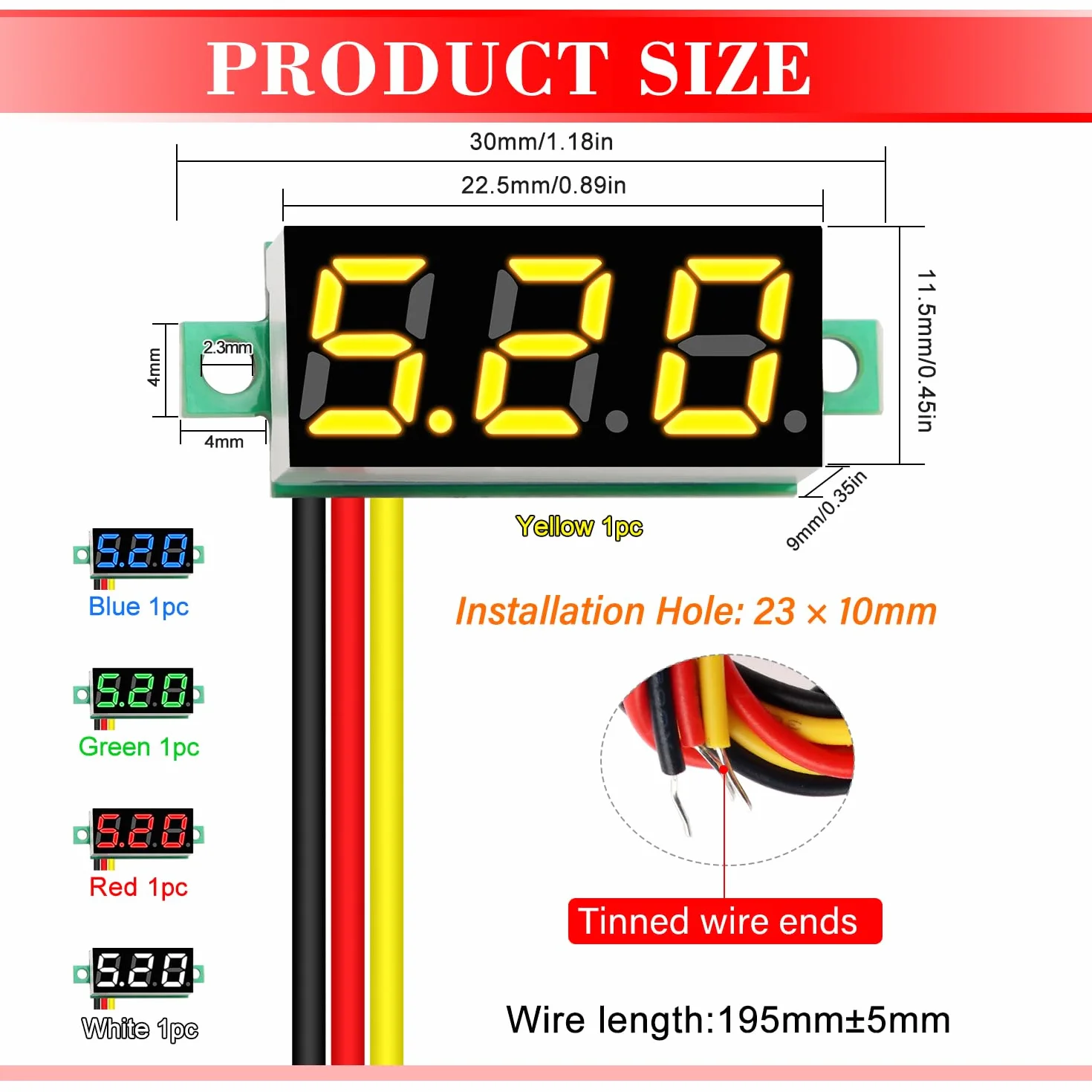 YIXISI Mini Digital LED Voltímetro 0.28" 0-100V DC 3 Cables Protección de Polaridad Medición Precisa