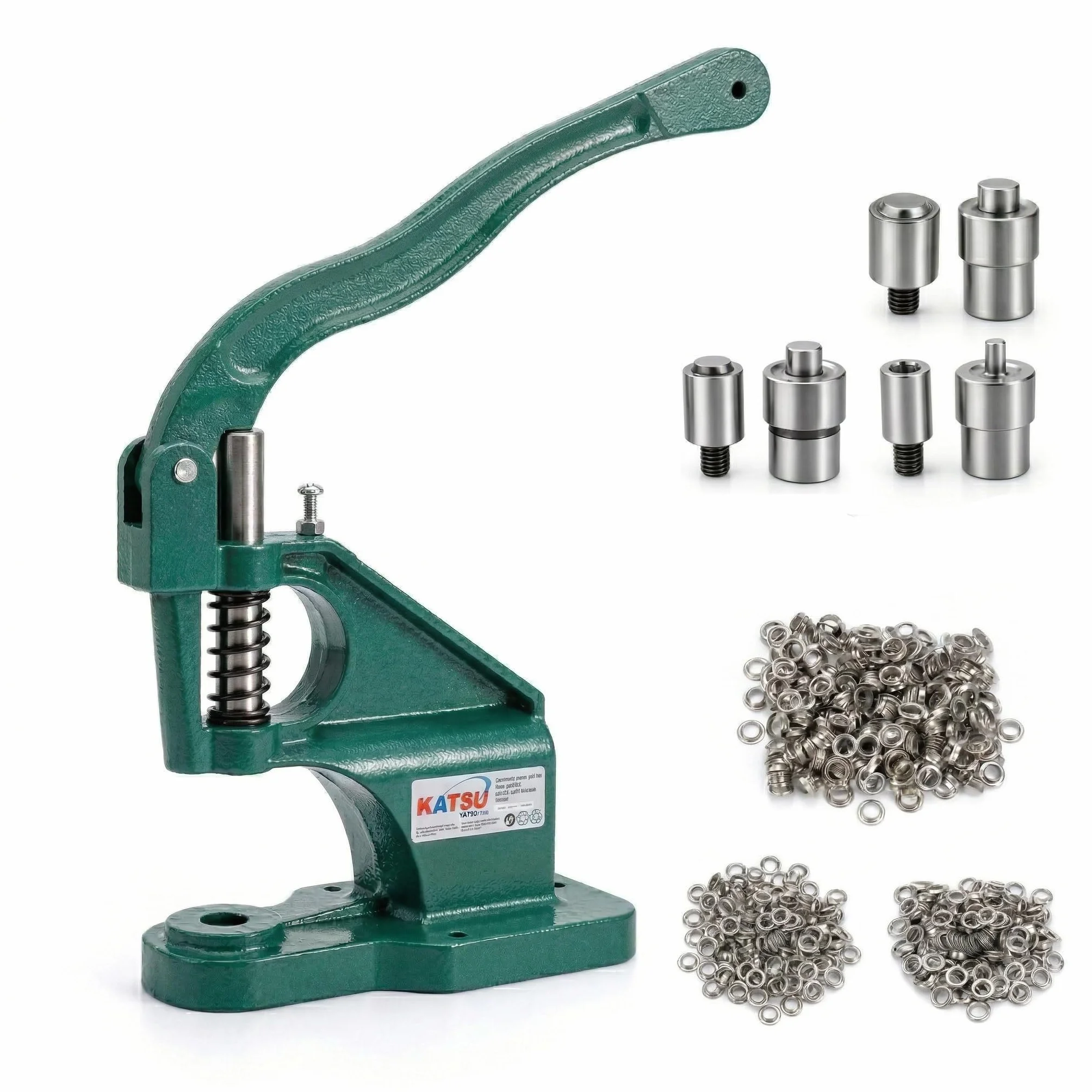 KATSU Máquina Perforadora de Ojales, Remachadora de Tuercas Ojales Manual Prensa de Mano, Herramienta de Perforación de Agujeros, con 3 Troqueles (6mm/10mm/12mm) y 1500 Ojales