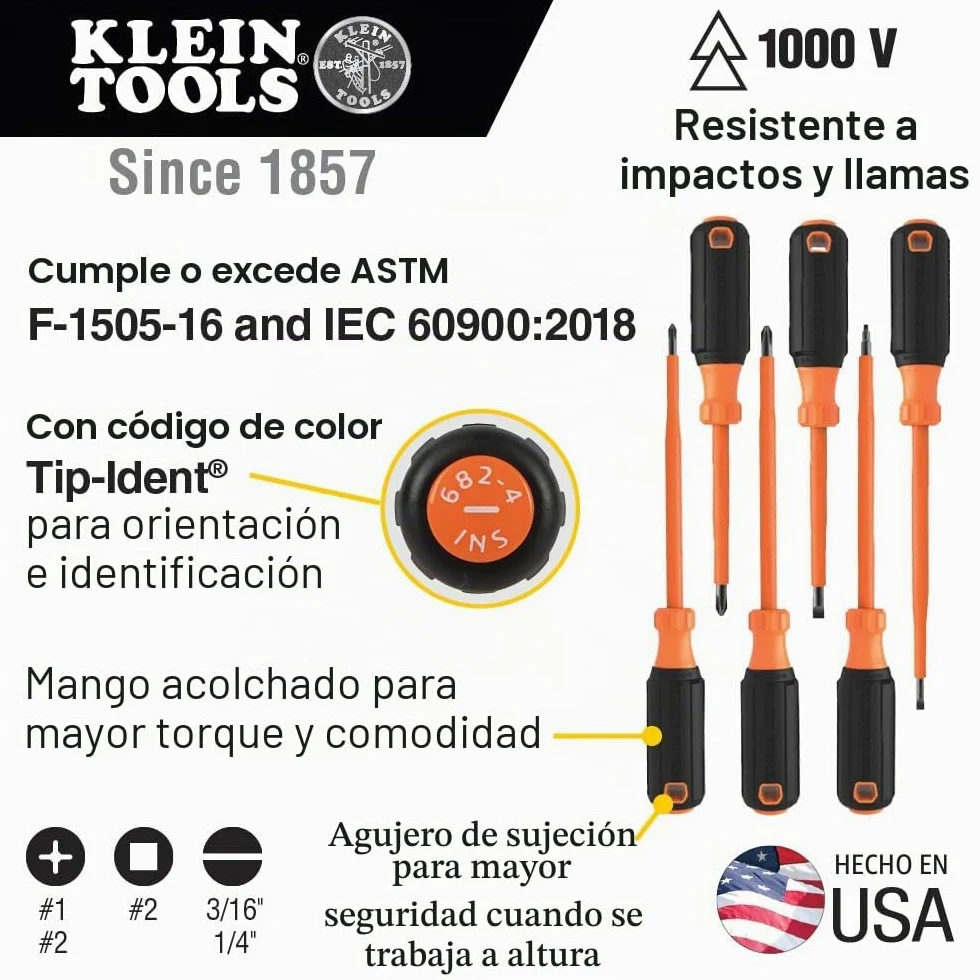 Klein Tools 85076INS | Juego De Destornilladores Aislados VDE | 6 Piezas | Aislamiento 1000 V IEC 60900 | Fabricado En EE UU