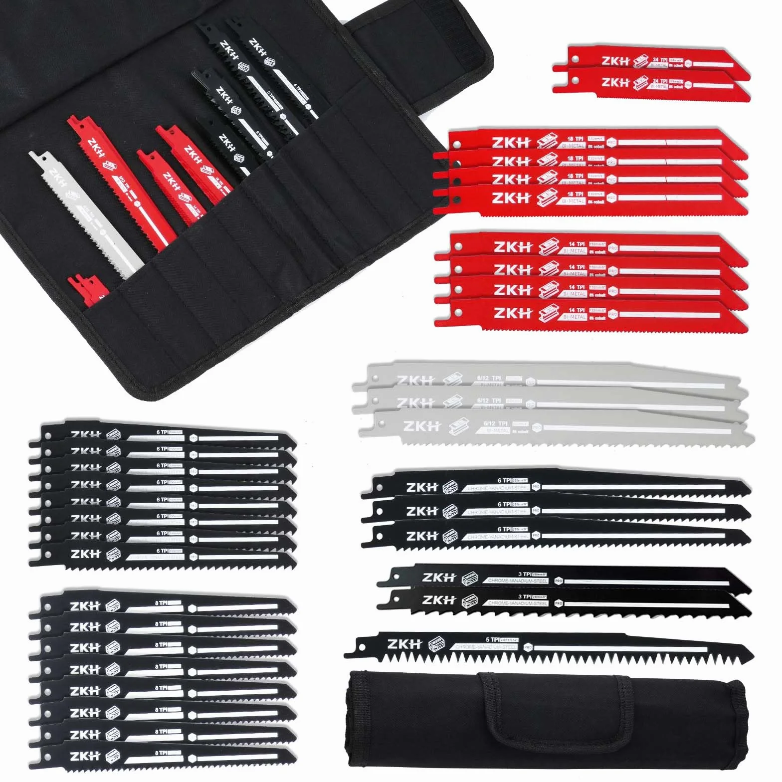 ZKH Juego Hojas Sierra Sable 35PCS, 13 BI-METAL 22 CRV, para Madera Metal Acero con Bolsa