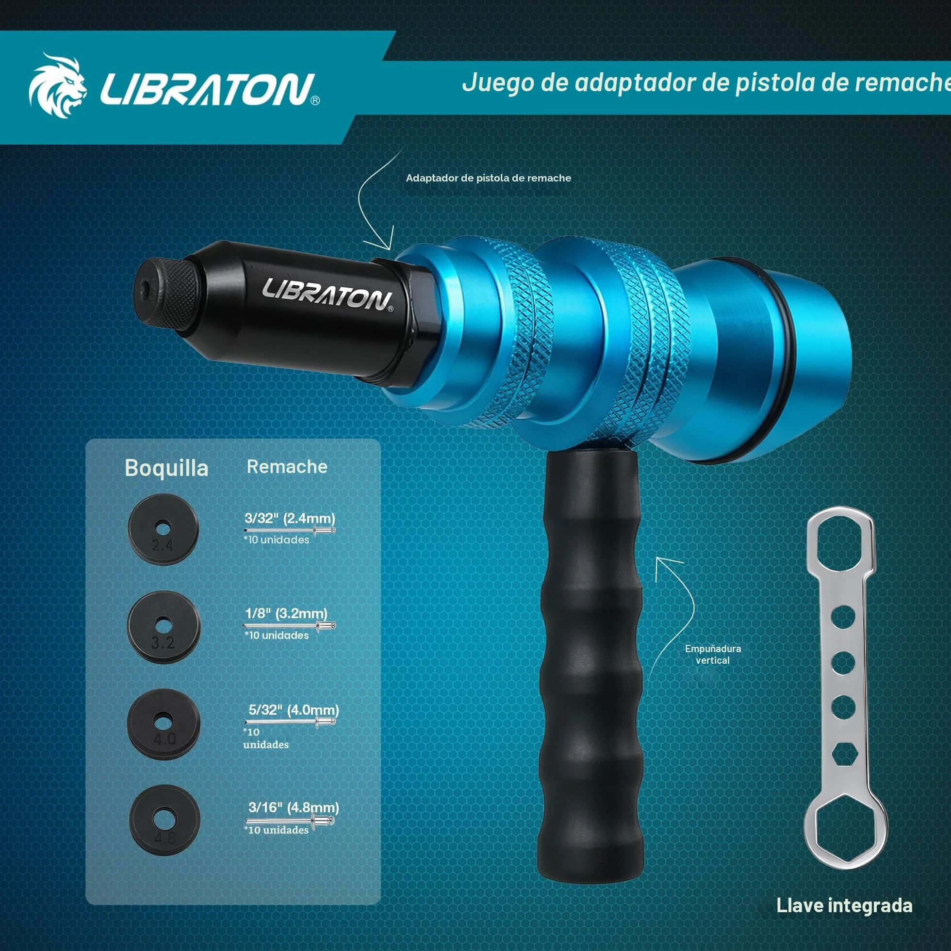 LIBRATON Adaptador de Remachadora para Taladro, Adaptador de Remache para Taladro Eléctrico, Accesorio de Remache para Taladro Inalámbrico, con Asa, Fácil Procesamiento 2,4mm 3,2mm 4,0mm 4,8mm