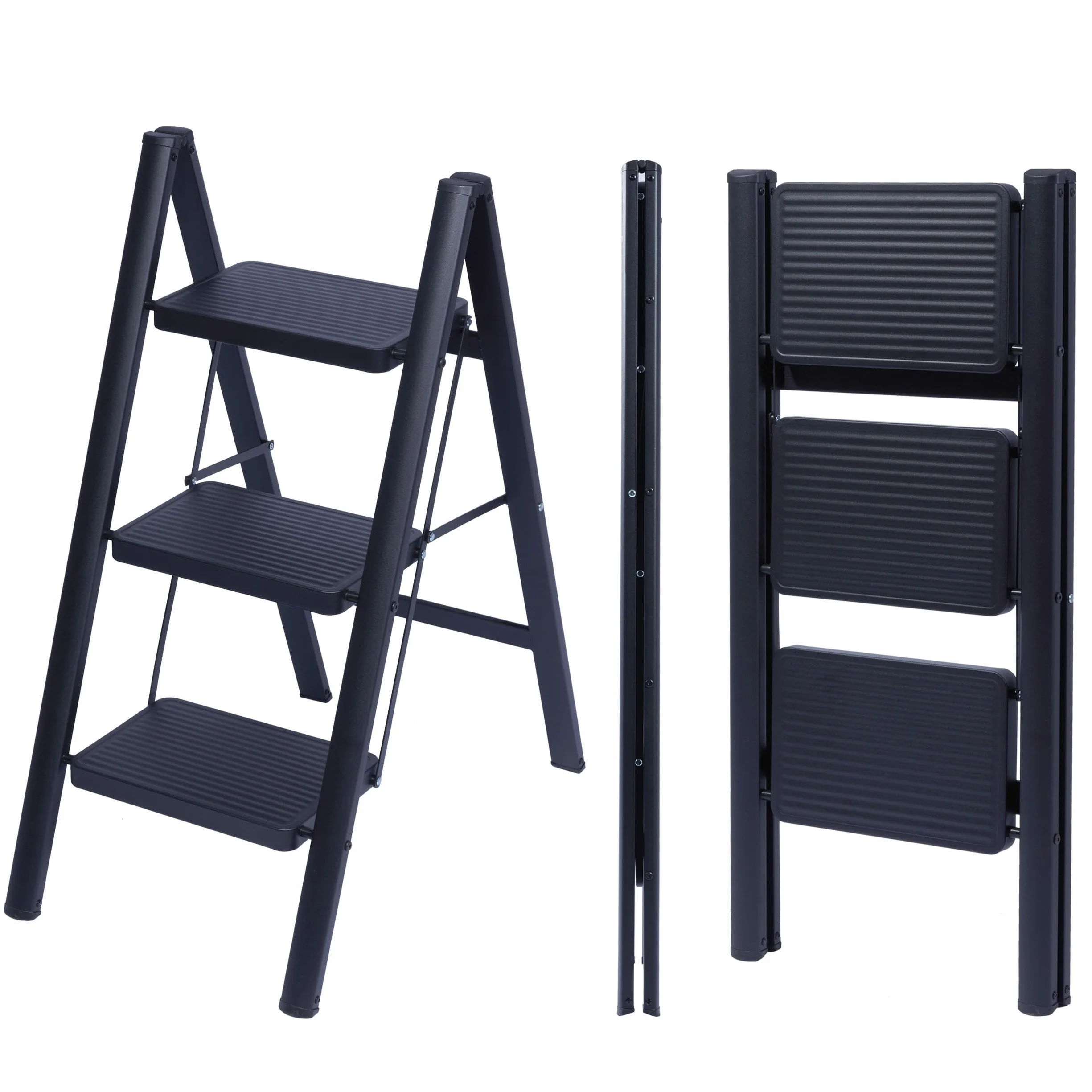 UZIRO Escalera Plegable 3 Peldaños, Escaleras Decorativa, Peldaños Anchos Antideslizantes, Ideal para Uso en Hogar, Cocina y Oficina, Fácil de Guardar y Transportar, Resistente (Negro, 3 Peldaños)