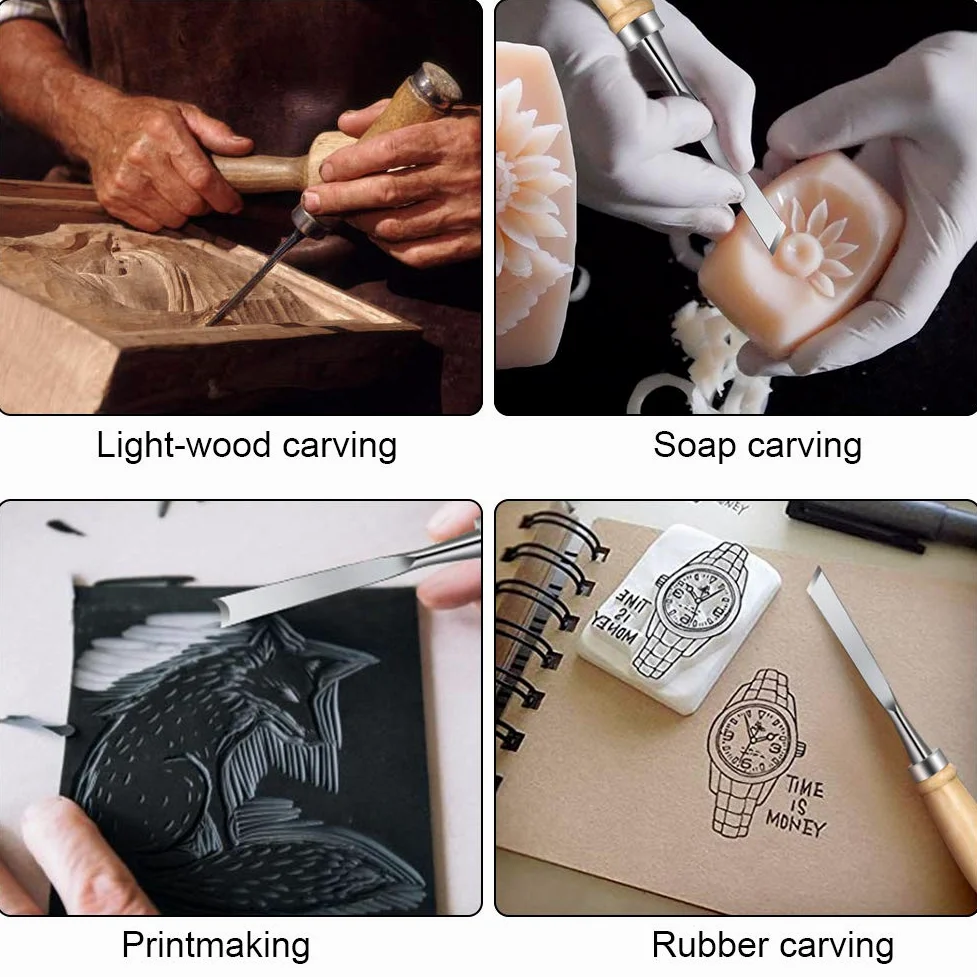 Flintronic Herramienta de Talla de Madera, 12 Formones + 4 Piedras de Afilar, Gubias para Grabadores DIY - Mango y Carrete de Madera