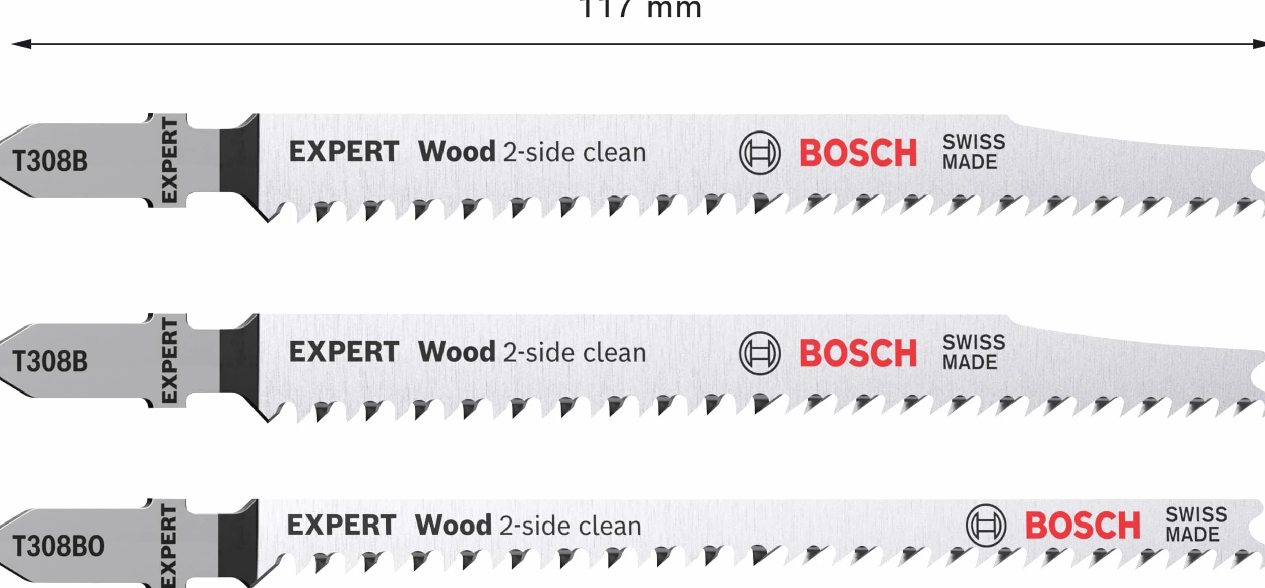 Bosch Professional 3 x Set de hojas de sierra de calar Expert Wood 2-Side Clean, para Contrachapado, Tablero para mobiliario de madera maciza, Longitud 117 mm, Accesorios Sierra de calar