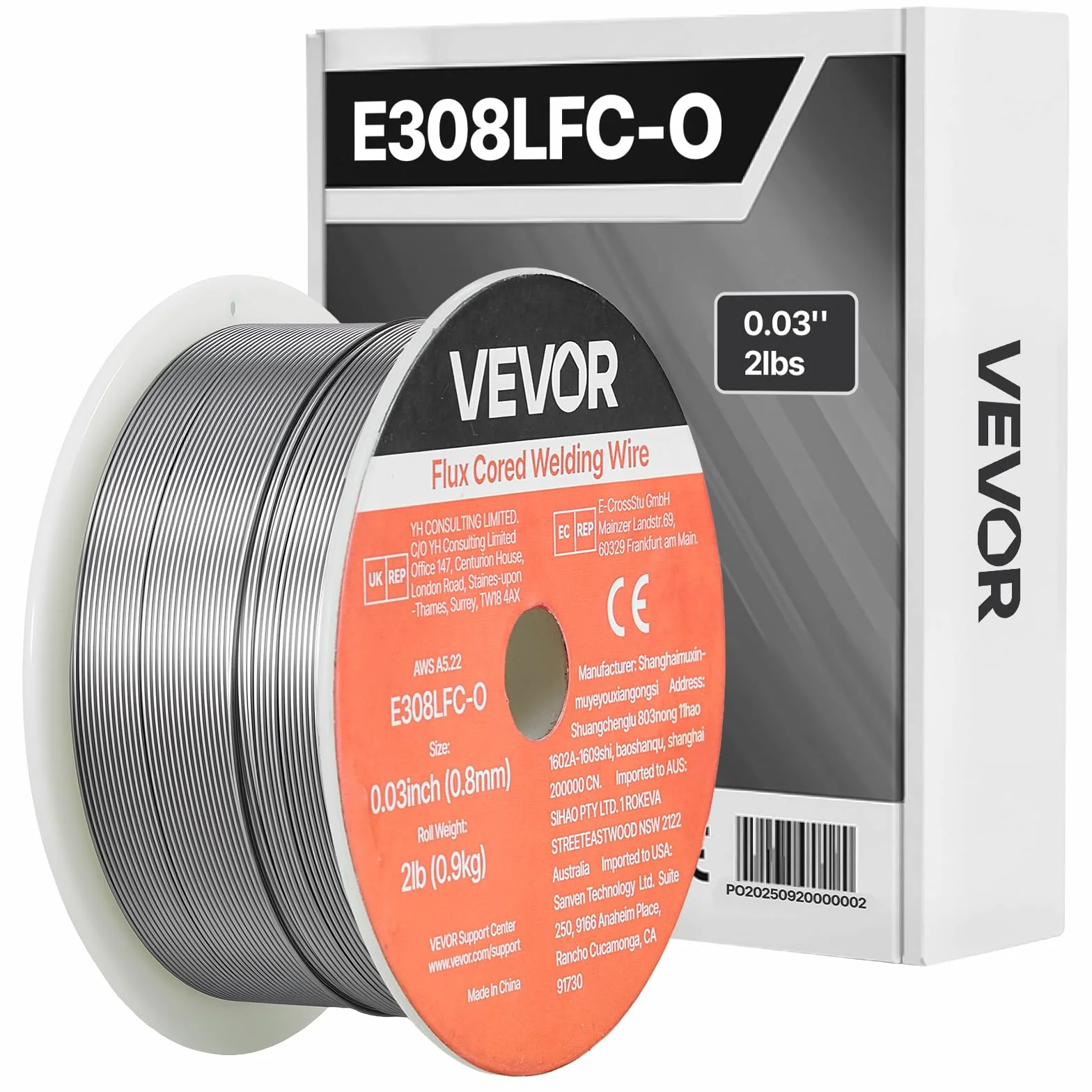 VEVOR Alambre de Soldadura MIG con Núcleo Fundente, E308LFC-O, 0,8 mm, 0,9 kg, de Acero Dulce sin Gas, con Bajas Salpicaduras para Soldadura por Arco en Cualquier Posición, para Uso en Exteriores