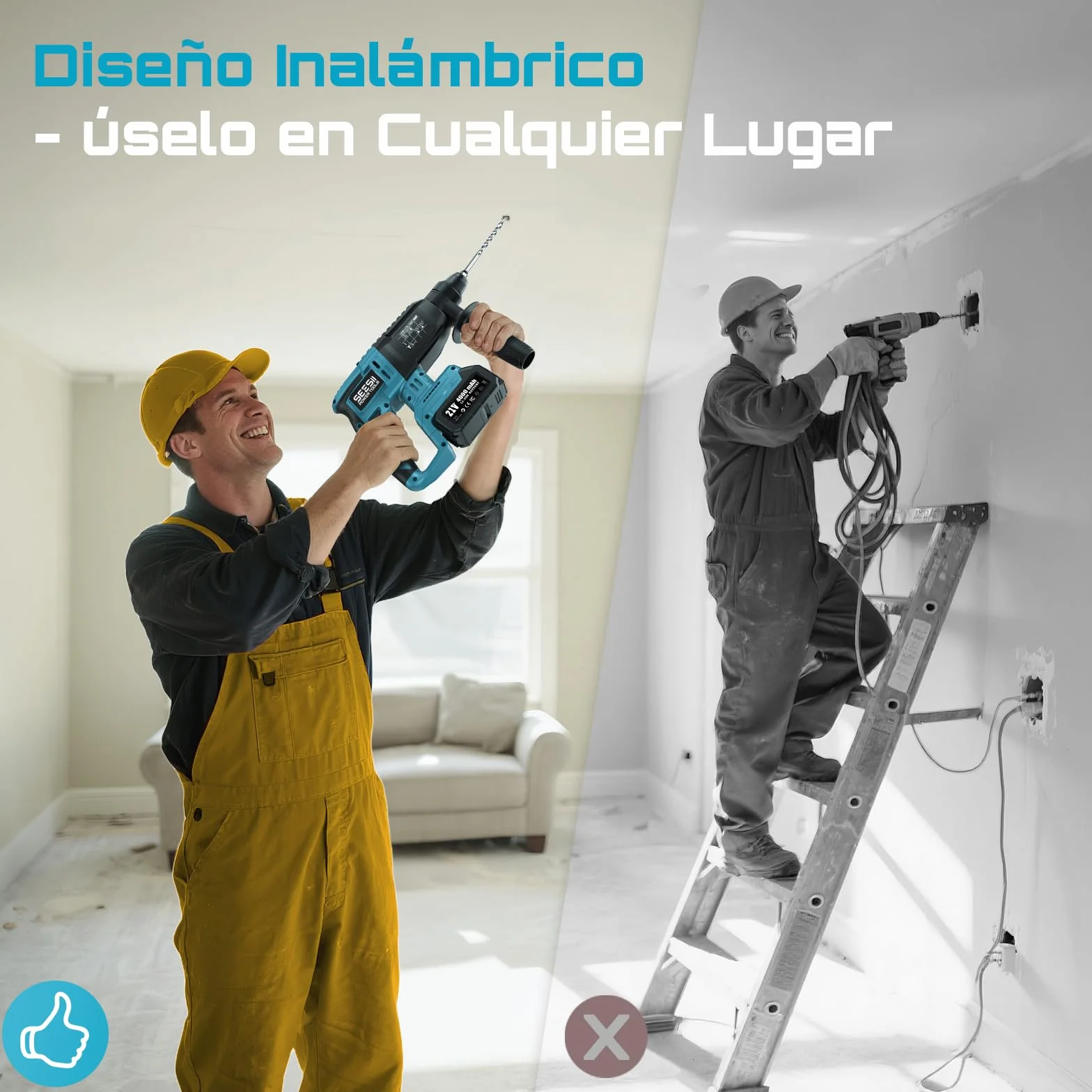 Seesii 3-in-1 Martillo Perforador a Baterías: 2,5J Potente Martillo Percutor sin cable con Motor sin escobillas, 2 * 4,0AH Baterías y Cargador, 5 piezas SDS-plus, Mango Antivibración, Para Bricolaje