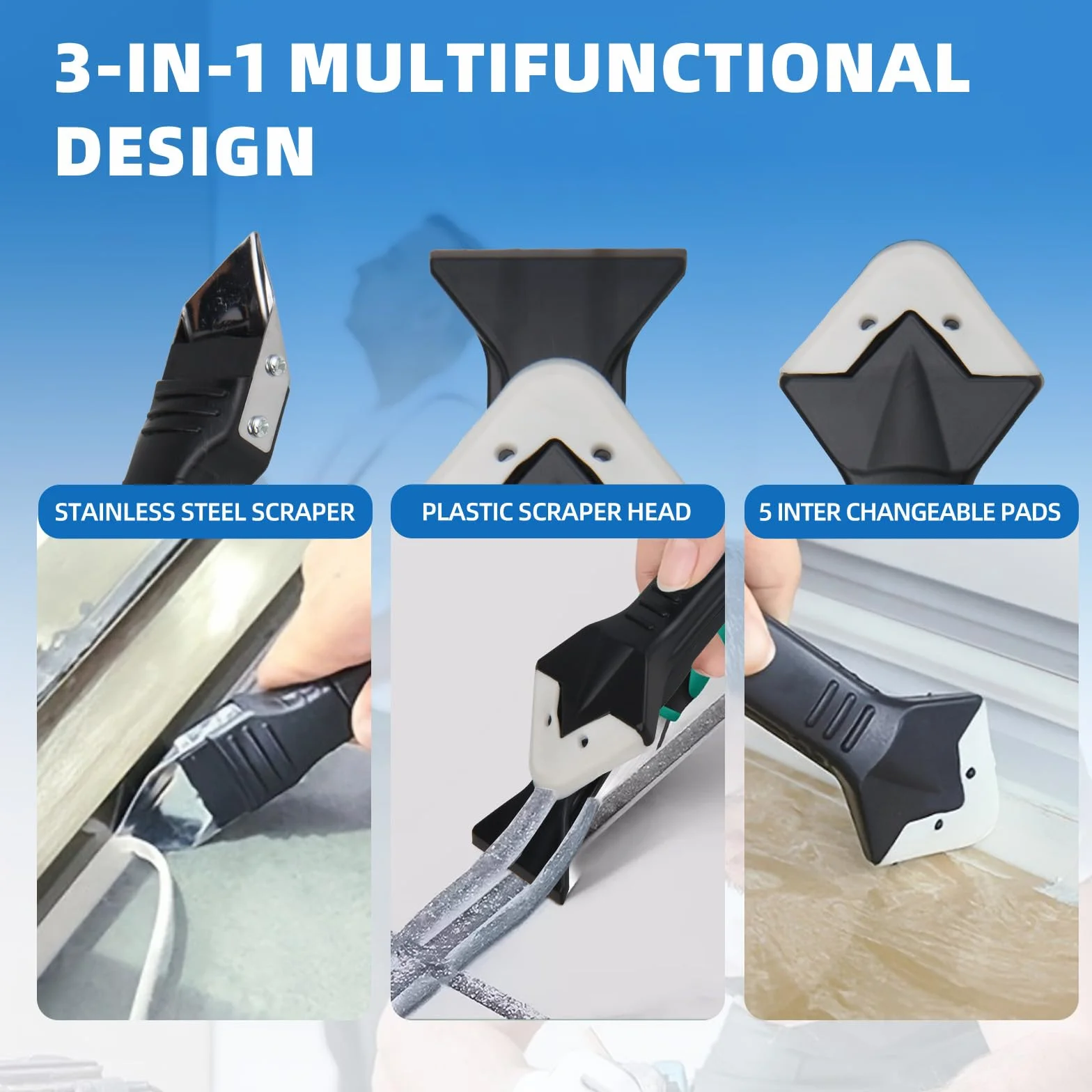 3 en 1 Aplicador Silicona Herramienta, LINKINNO Kit de Calafateo Herramientas de Eliminador de Sellantes Cemento Rascador Alisador de Masilla para Rasqueta Vitroceramica para Juntas Baño de Cocina