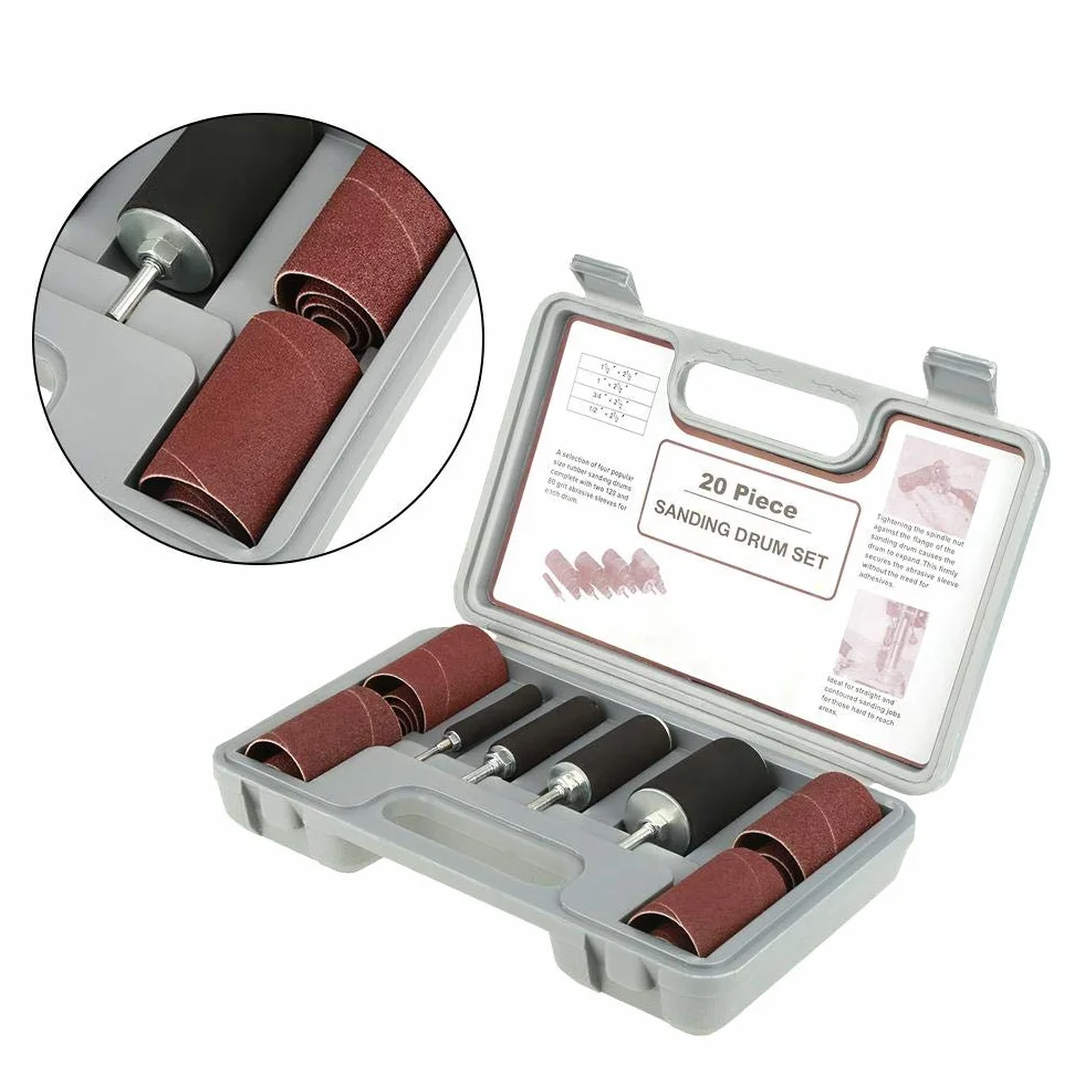 Kit de lijadora de tambor de 20 piezas, juego de tambor de lijado de goma con estuche para prensa de taladro