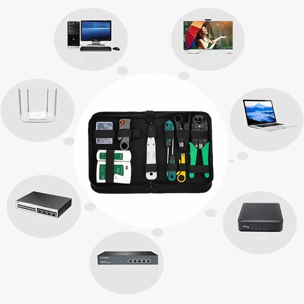 Retoo Juego de herramientas de red profesional 9 en 1, en estuche, comprobador de cables LAN para RJ45, RJ1, kit de comprobación de cables, herramientas de reparación para instalaciones de cables