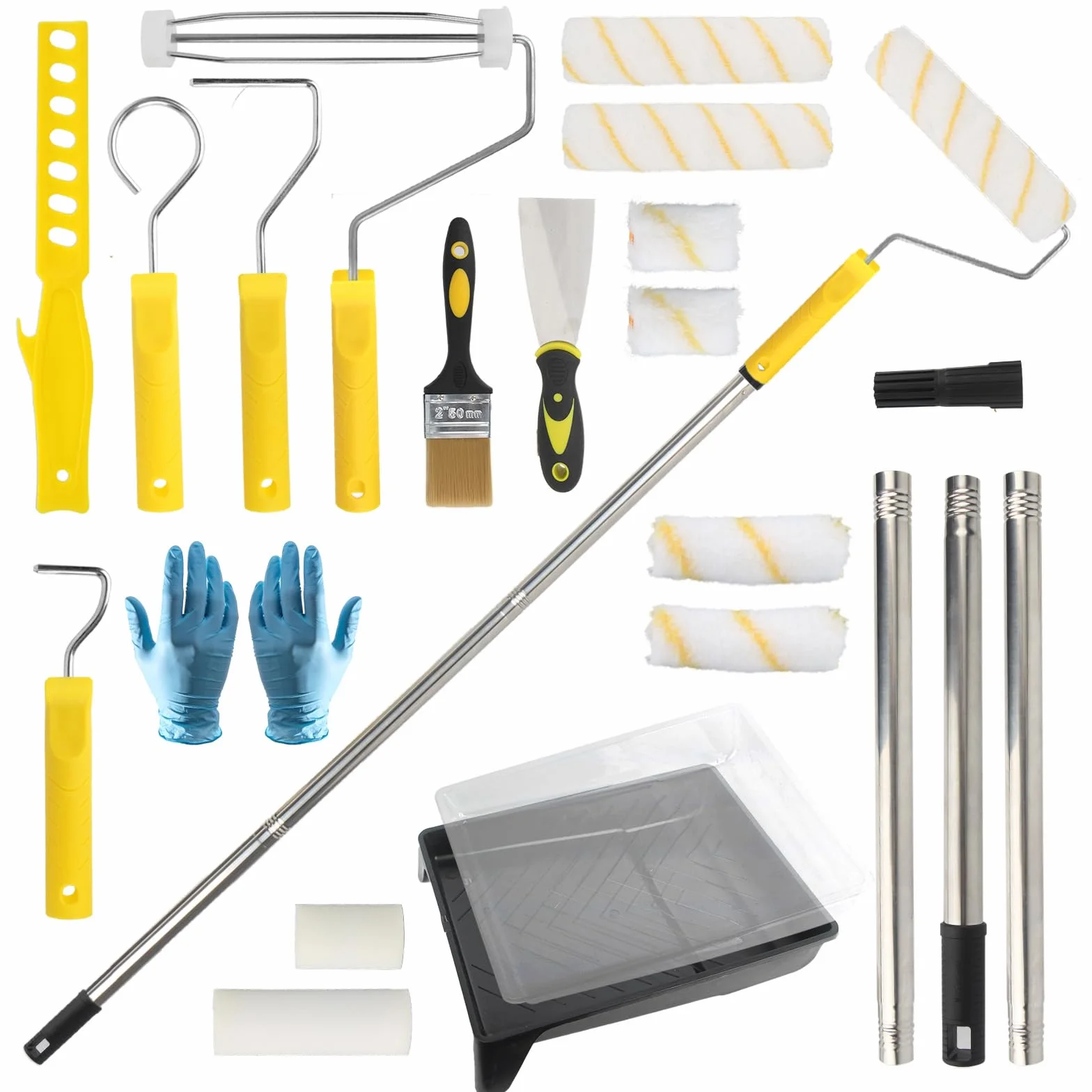12 Piezas Kit Rodillo Para Pintar Paredes Multifunción, con 3 Barra Telescópica, Bandeja, Rodillos, Marco de Rodillo, Mezclador, Espátula, Brocha Pintura para Pintar Renovar Paredes y Techos