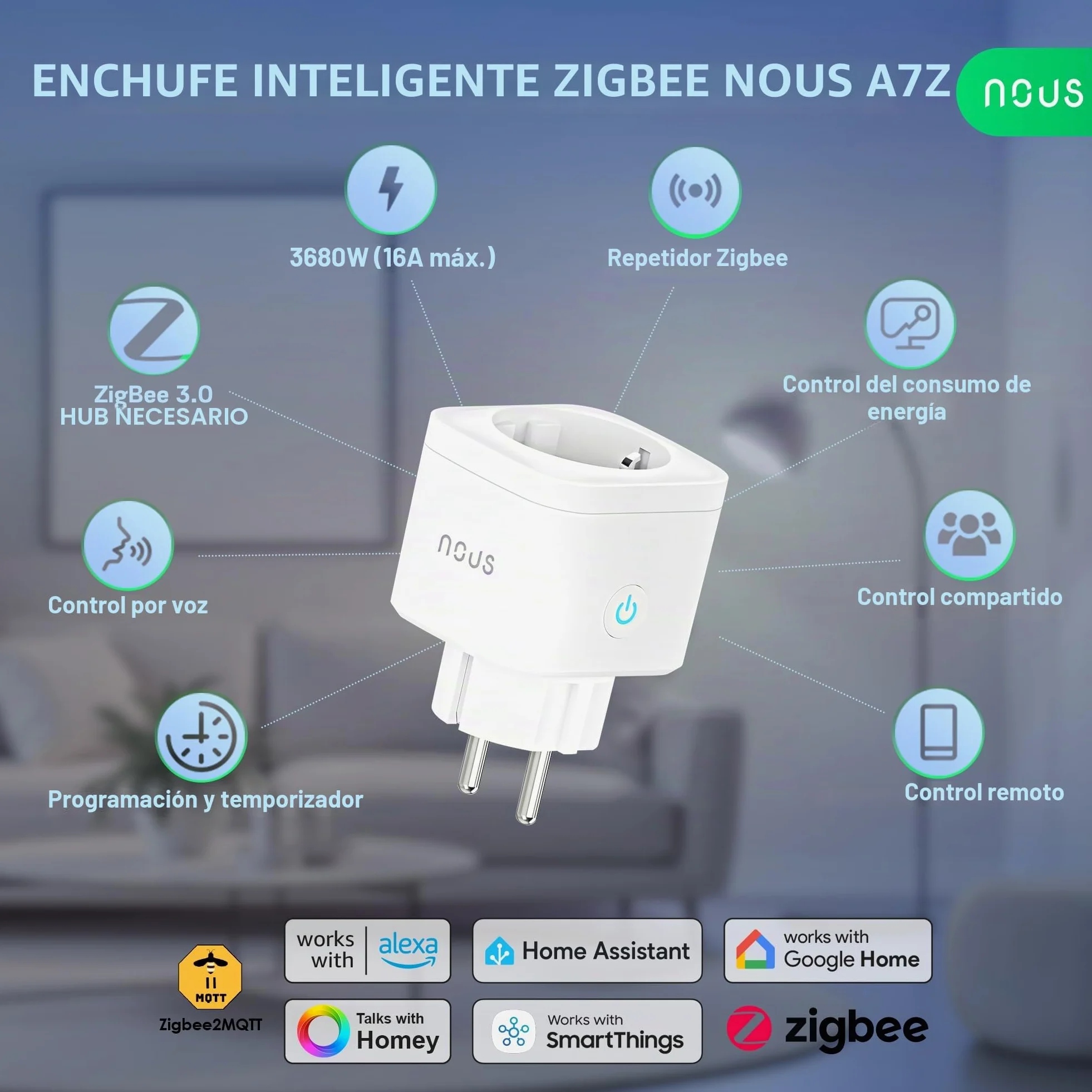 NOUS A7Z ZigBee Smart Socket con Monitorización de Energía, 16A, App y control por voz, Temporizador y Horarios, Compatible con Alexa, Google Home, Home Assistant, Tuya, Requiere ZigBee Hub, Pack of 2