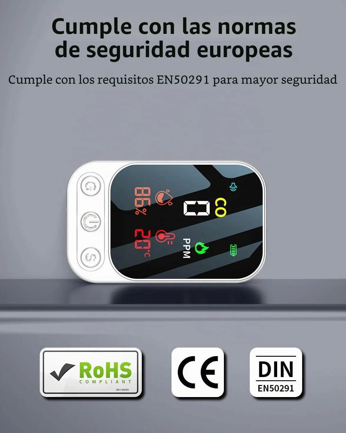 Detector de monóxido de carbono portátil 3 en 1, detector de monóxido de carbono recargable con indicador de temperatura y humedad, portátil para el hogar, caravana, camping (blanco)