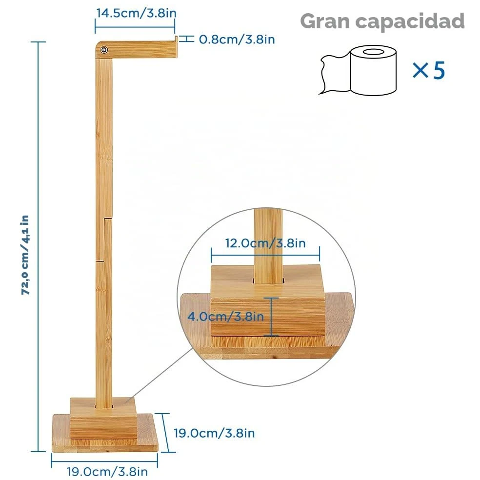 Soporte de papel higiénico independiente de bambú Soporte de rollo de almacenamiento Ideal para 5 rollos de papel higiénico Soporte y organizador 2 en 1 Ahorro de espacio Sin taladrar 72 cm | Soporte de rollo de almacenamiento Ideal de papel higiénico Sop