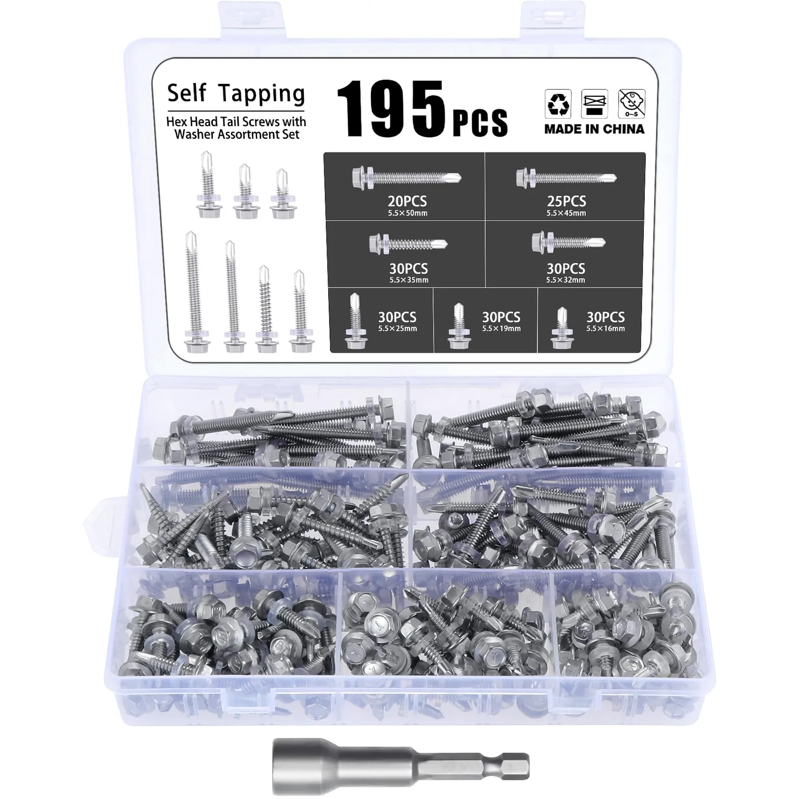 Gueenky 195 Piezas Tornillos Autotaladrantes Cabeza Hexagonal, 5,5 x 16-50mm Tornillos Autoperforantes Acero Inox Tornillos Autorroscantes, 7 Tamaños Tornillos Autotaladrantes Metal, con Llave de Vaso
