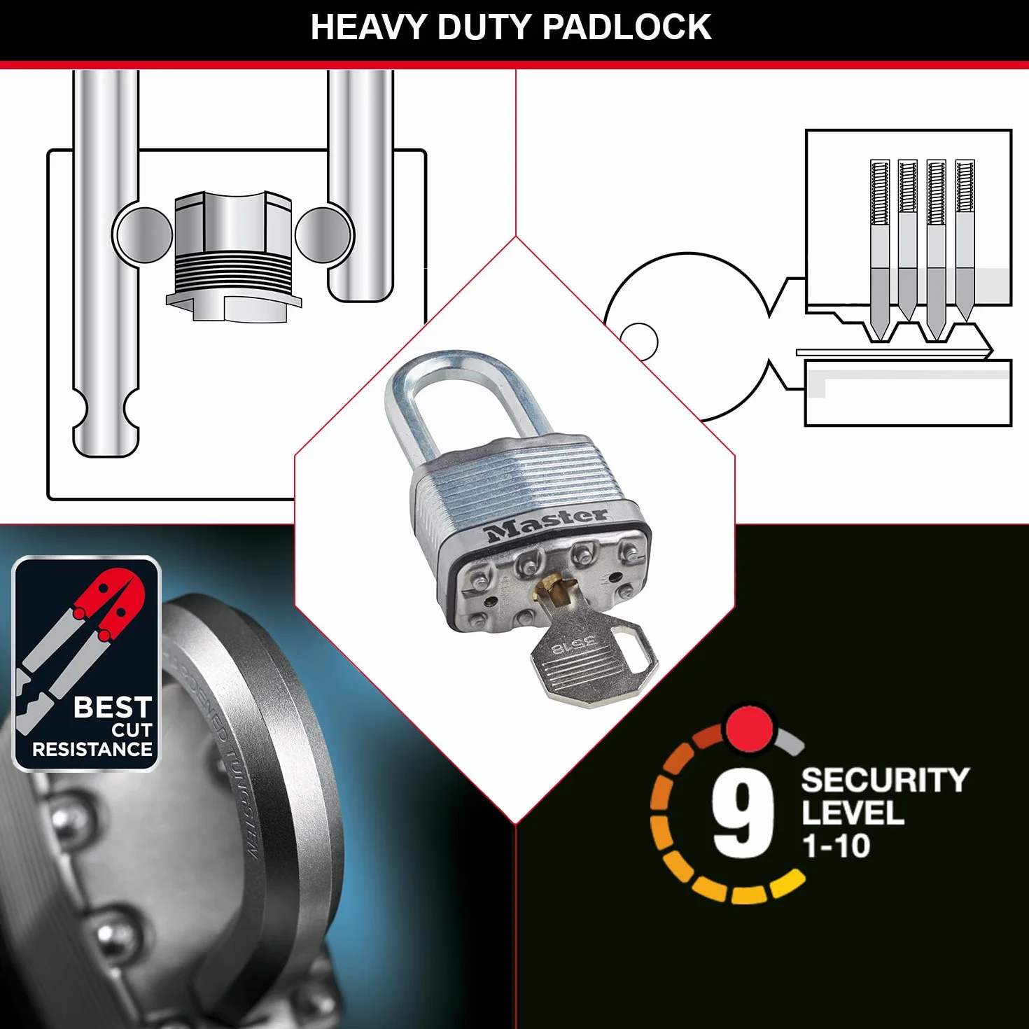 Master Lock M5EURDLH Candado Seguridad Llaves Acero Laminado Exterior, Arco Largo, Adecuado para Portales, Garages, Sótanos, 50 mm