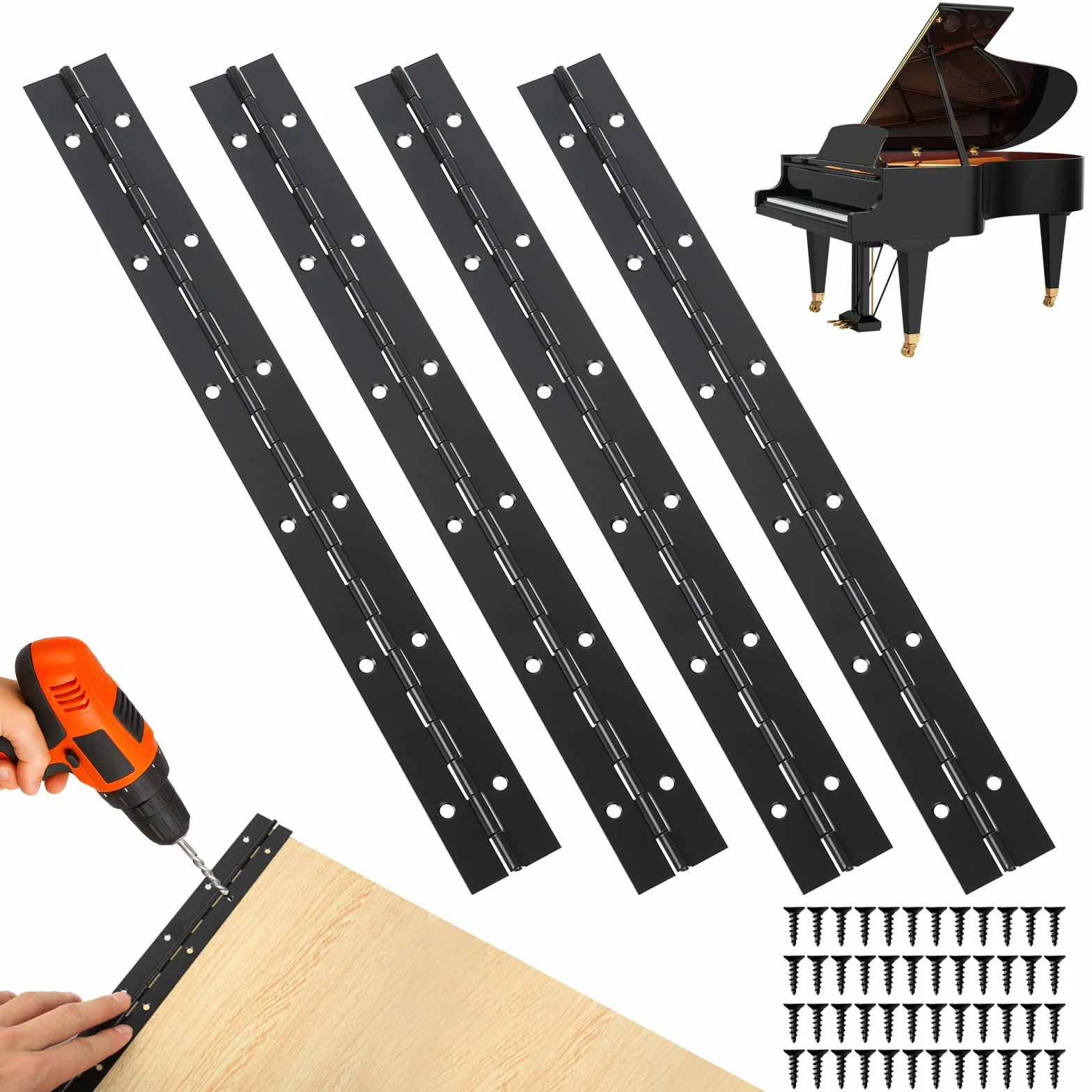 Bisagra Piano 30 cm de Acero Inoxidable para Puertas con Tornillos (Negro)