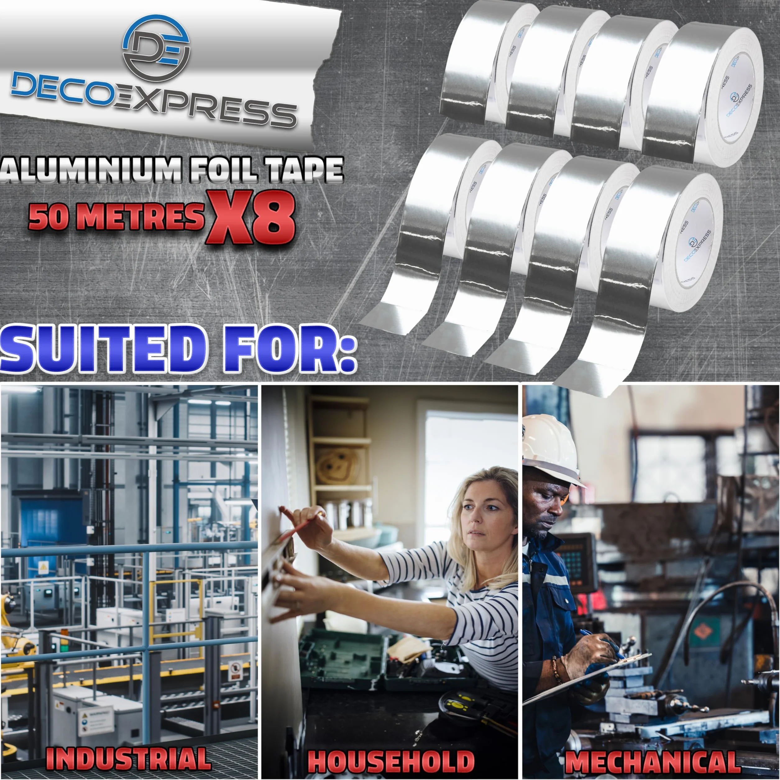 DECO EXPRESS Cintas Adhesivas de Aluminio Alta Temperatura, Cinta de Aluminio Adhesiva 10m, 25m, 50m x 45mm, Resistente al Calor, Impermeable, Cinta de Aislamiento (50 M, 8 Piezas)