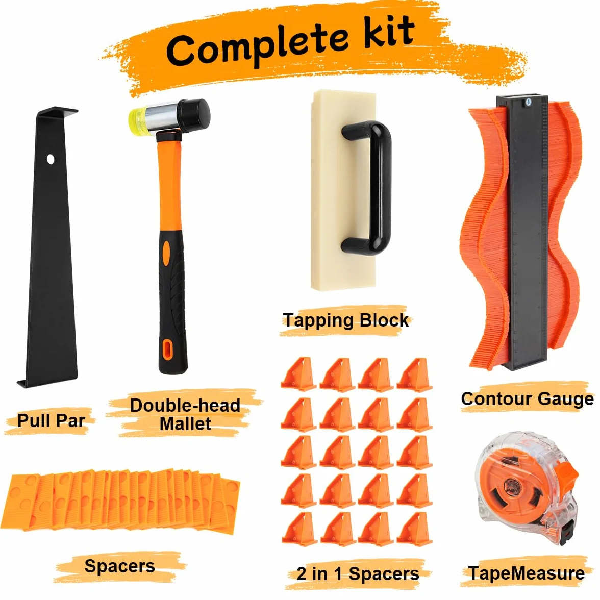 Herramientas de suelo laminado, kit de instalación de suelos de madera de 35 piezas, kit de suelo laminado con espaciadores de suelo, mazo de goma, bloque de roscado de goma, espaciadores y cinta