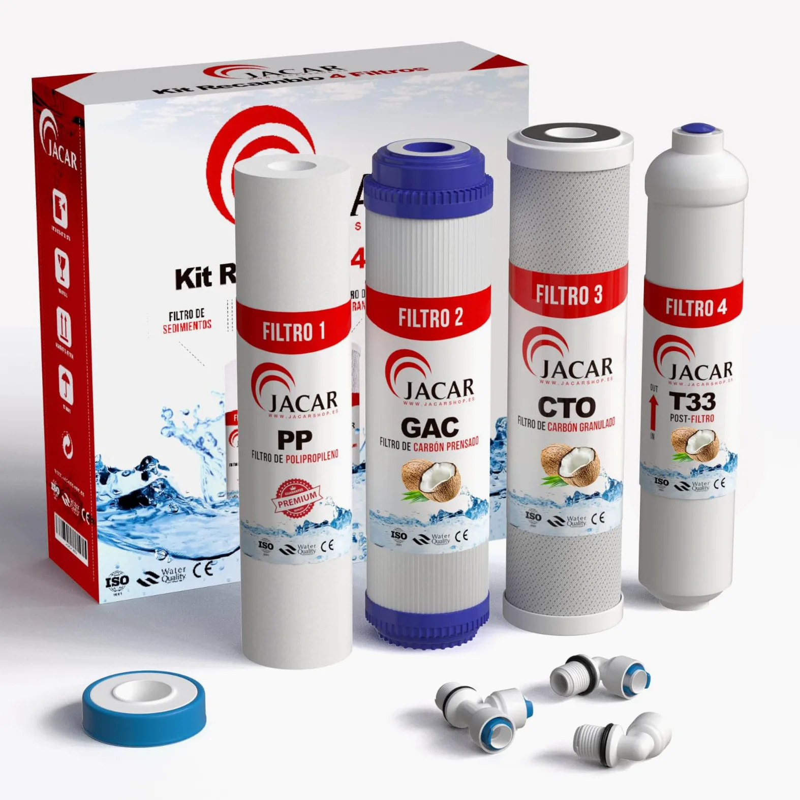 JACAR Pack de 4 Filtros Osmosis Inversa Compatible con los Equipos de 5 Etapas. Kit de Filtro Osmosis Inversa 4 Etapas, Kit Recambios Osmosis Inversa para Tratamiento de Sistemas Domesticos