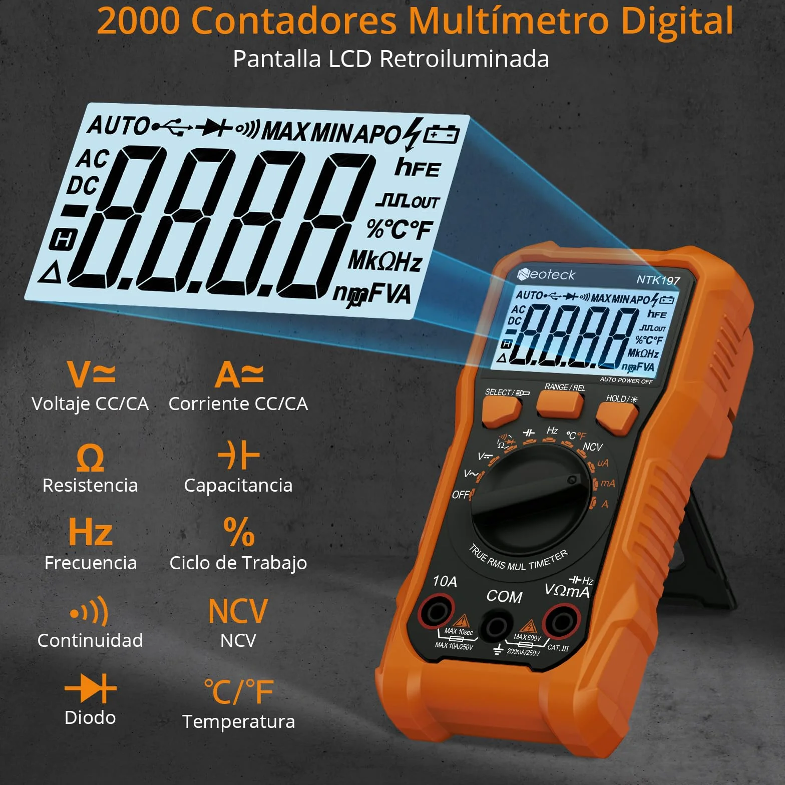 Neoteck Multimetro Digital 2000 Conteos Tester Electricista CA/CC Tensión Resistencia Capacitancia NCV