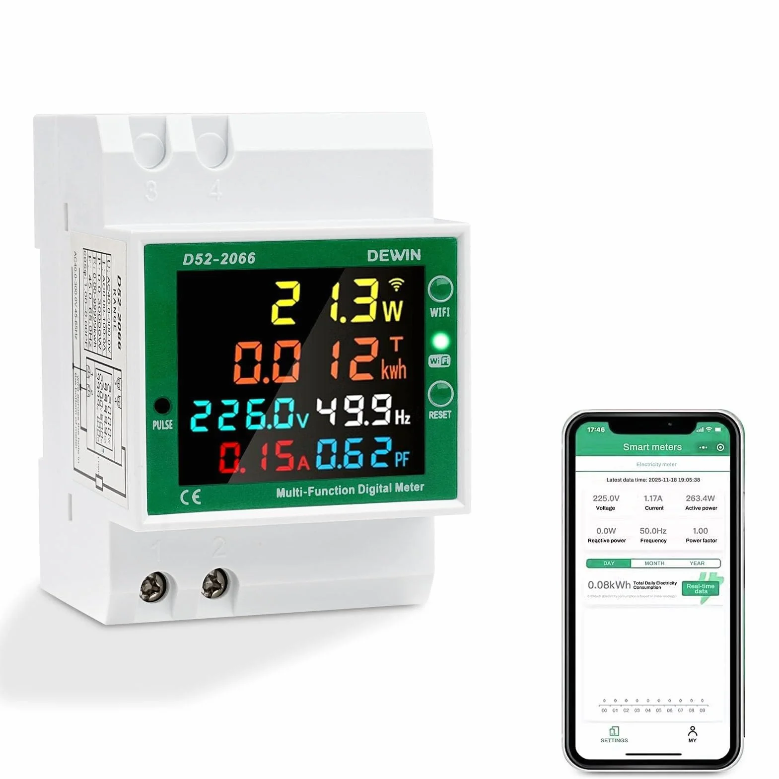 DEWIN Medidor de Consumo Electrico Wifi Monofásico, 6 en 1 Contador Electrico Digital Monofasico Medidor de Energia Electrica Wifi Tuya AC40~300V 100A Voltímetro Amperímetro Carril Din