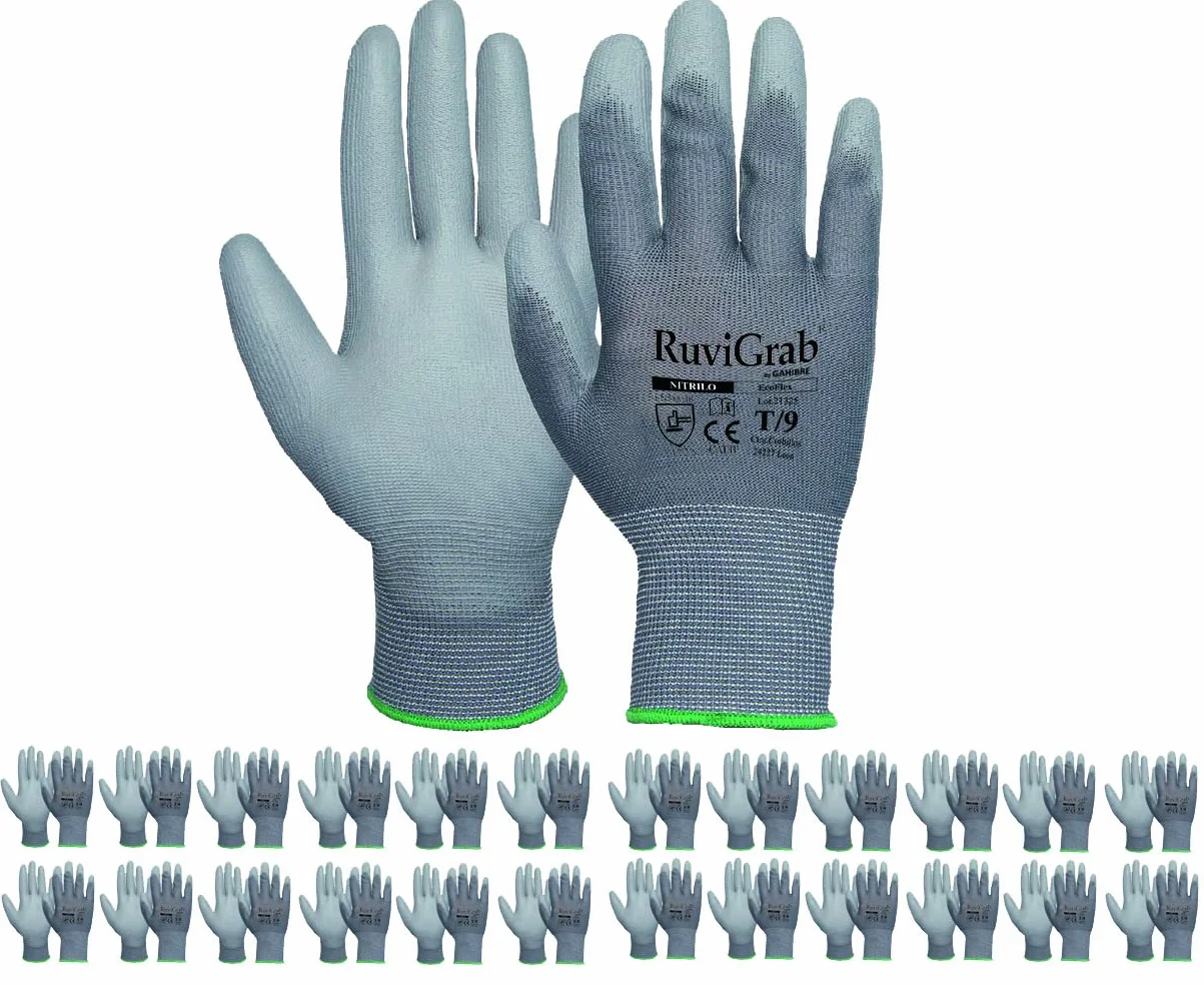 Ruvigrab Transpirable Poliuretano, Guantes De Trabajo Unisex Adulto, Gris (Grey), Talla 9 - 24 Pares Paquete De