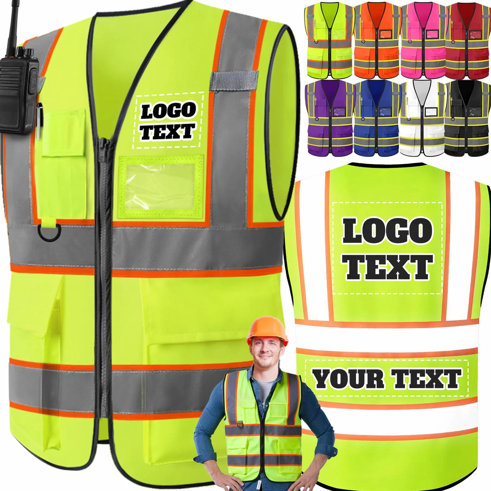Chaleco de Seguridad para Hombre Mujer Personalizado con Logotipo/Texto/Nombre,Chalecos de Trabajo Reflectantes Personalizados de Alta Visibilidad con Cremallera de Bolsillo