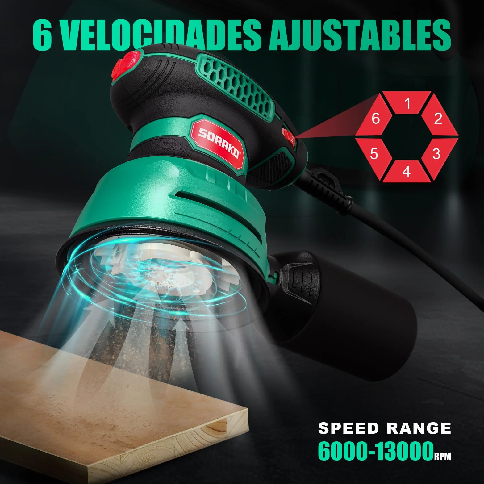 Lijadora Orbital 350W 125MM - 6 velocidades,16 hojas de lijado incluidas,con recolección de polvo y función de freno rápido,Ideal para lijar y pulir madera,en proyectos de afición