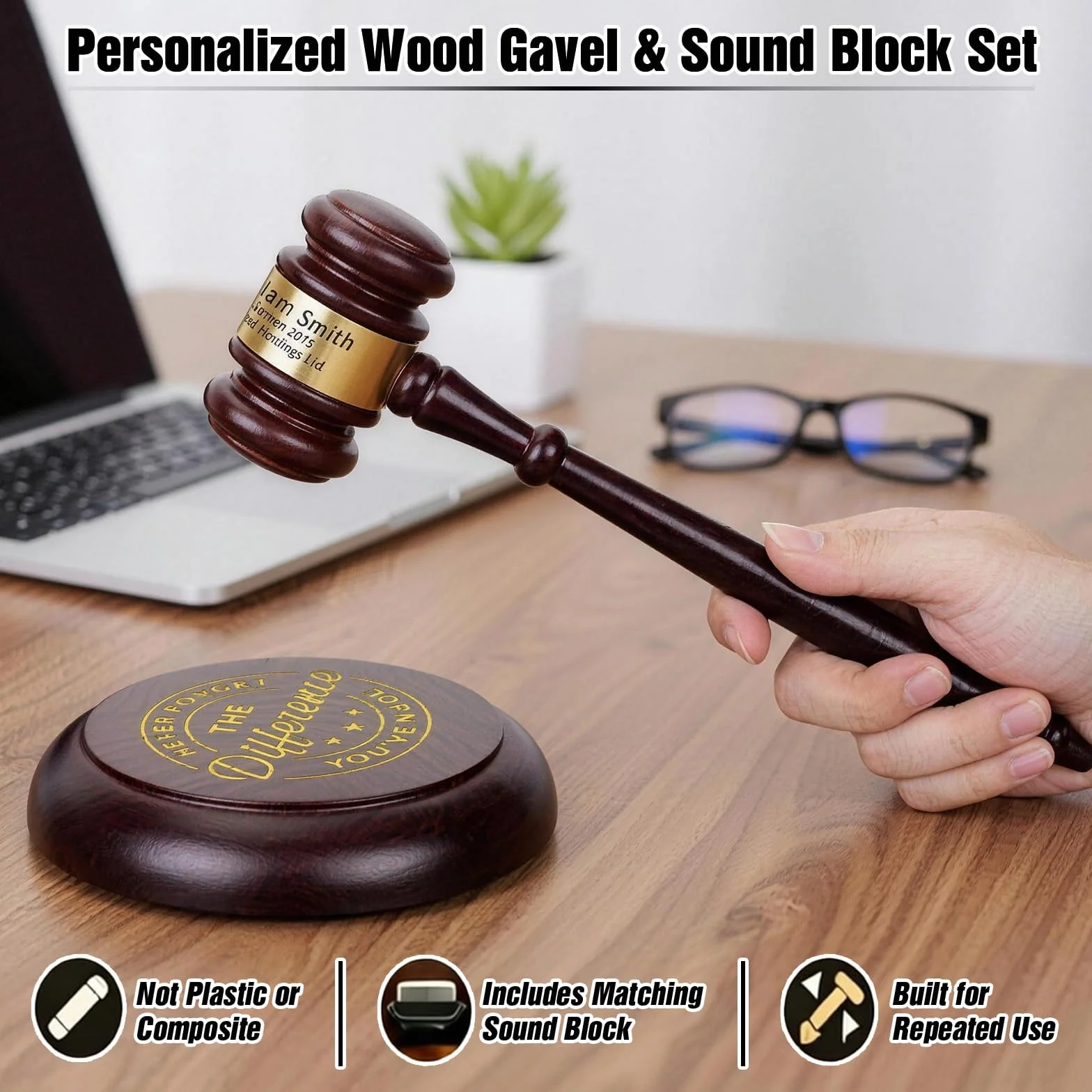 Juego de martillo de juez personalizado con bloque acústico, regalo para jubilados, abogado, subastador, decoración de escritorio, jubilación, graduación.