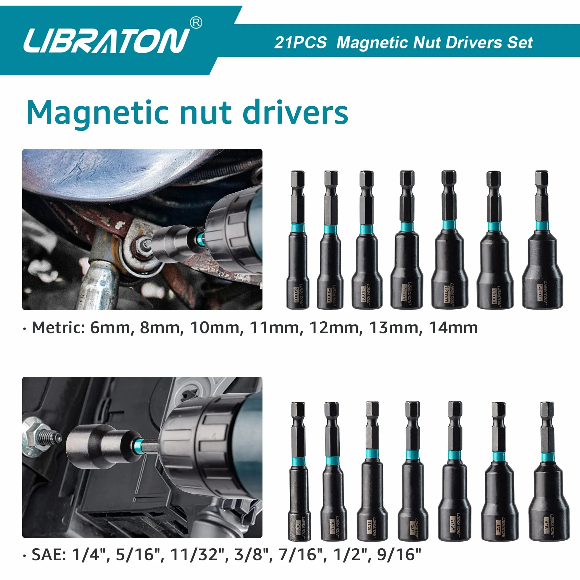 Libraton destornillador de tuercas magnéticas, juego de brocas para taladro de impacto de 1/4 ", destornillador de tuerca métrico y SAE, adaptadores de vaso de impacto, portapuntas, extensiones