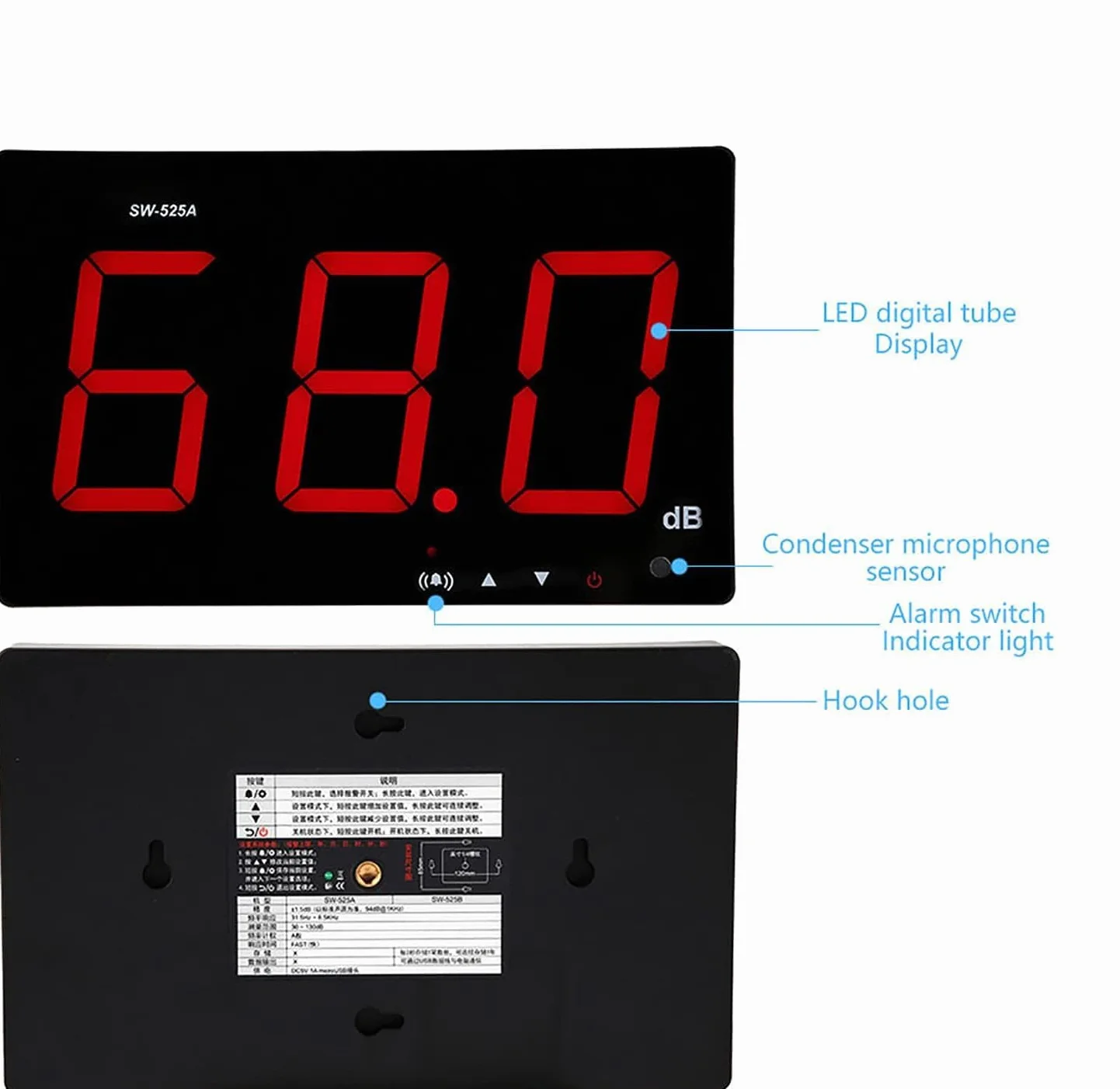 Tyenaza Medidor de Decibelios, SW-525A 30-130dB Medidor de Nivel de Sonido Montado en la Pared, Pantalla LED Grande, Alimentado por USB, para áreas Públicas Restaurantes Aulas Hospitales(210x130x30mm)