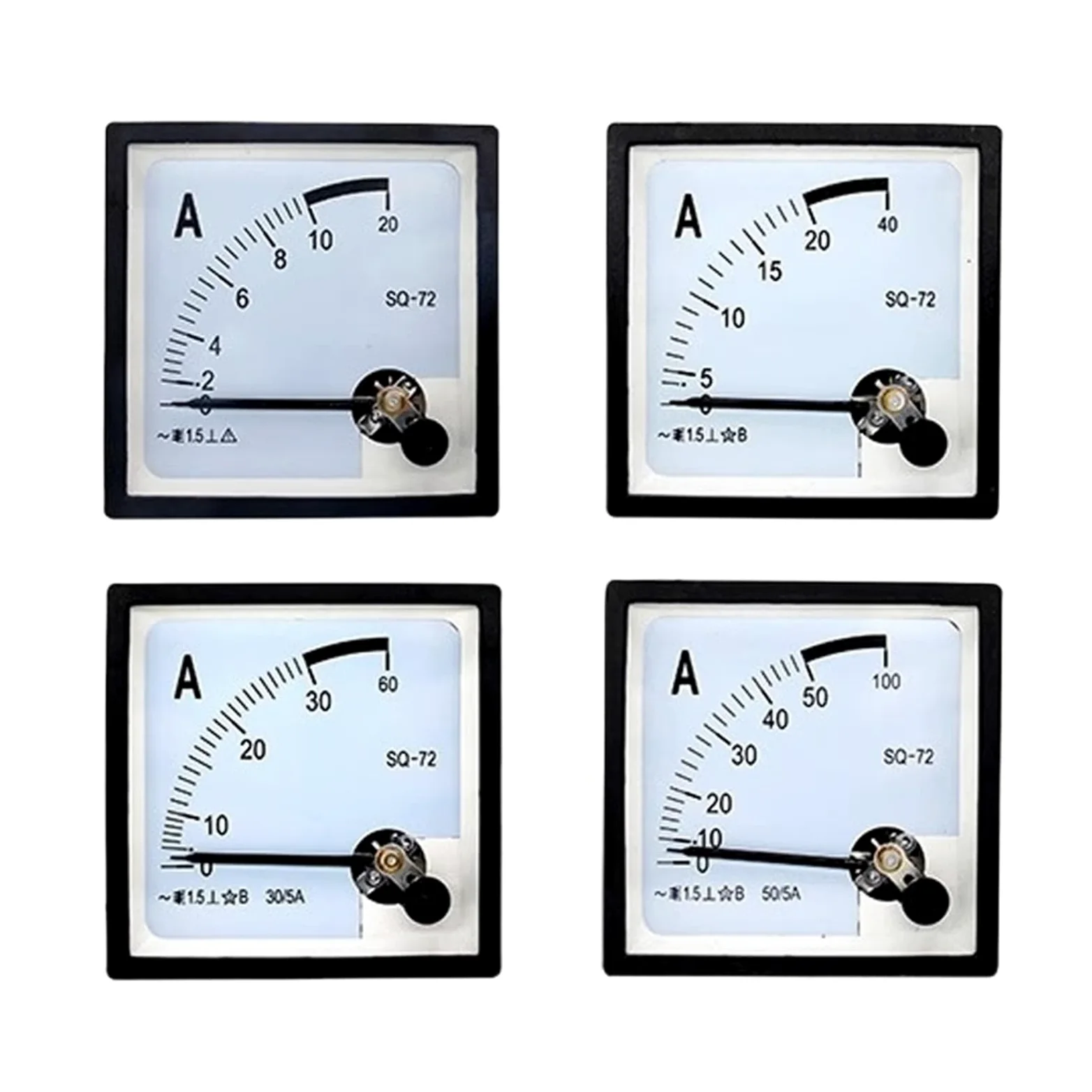 Amperímetro analógico SQ-72 de 72 x 72 mm con puntero, compatible con rangos de 1 A, 2 A, 3 A, 5 A, 10 A, 15 A, 20 A, 30 A y 50 A. Modelo CZ-72.(15A)
