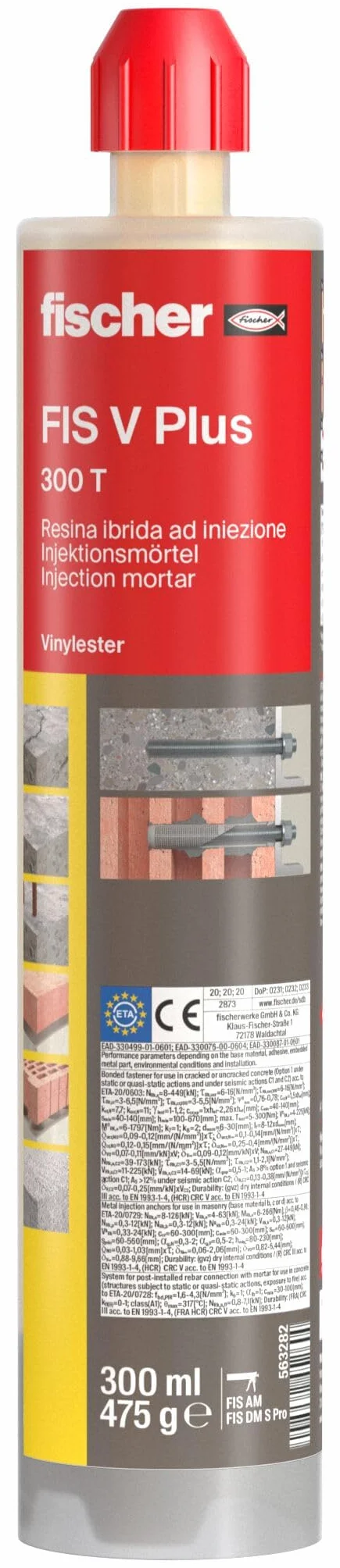 Fischer FIS V PLUS 300 T - Anclaje químico estructural para hormigón y mampostería, cartucho de 300 ml con 2 mezcladores, para pistola de silicona, resina híbrida de alto rendimiento