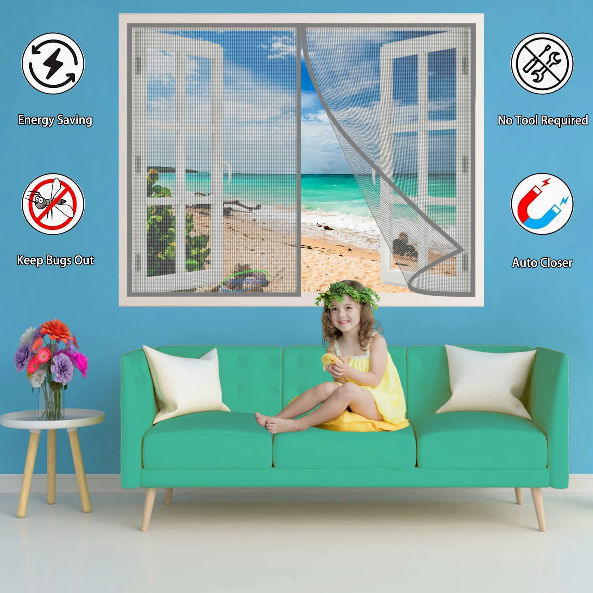 Mosquitera Ventanas Magnetica, 250x230 cm Malla de Fibra Impenetrable Súper Resistente, 2 Rollos Cinta Adhesiva Desprendible, Totalmente Magnética, Cierre Automático- Gris H