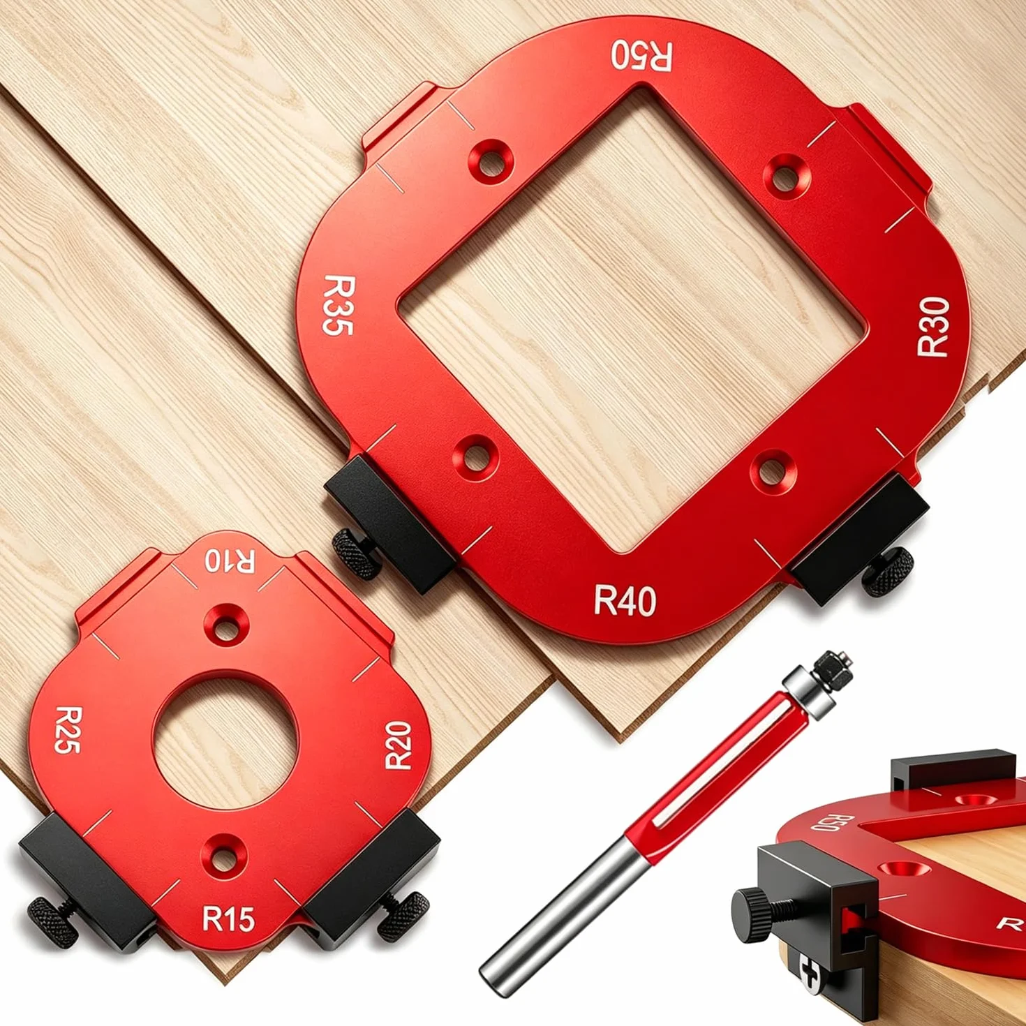 Plantillas de Fresado para Enrutador, fresadora de radio para enrutador con Broca de Corte al Ras para carpintería, R10, R15, R20, R25, R30, R35, R40, R50, R50,Rojo (2 unidades)
