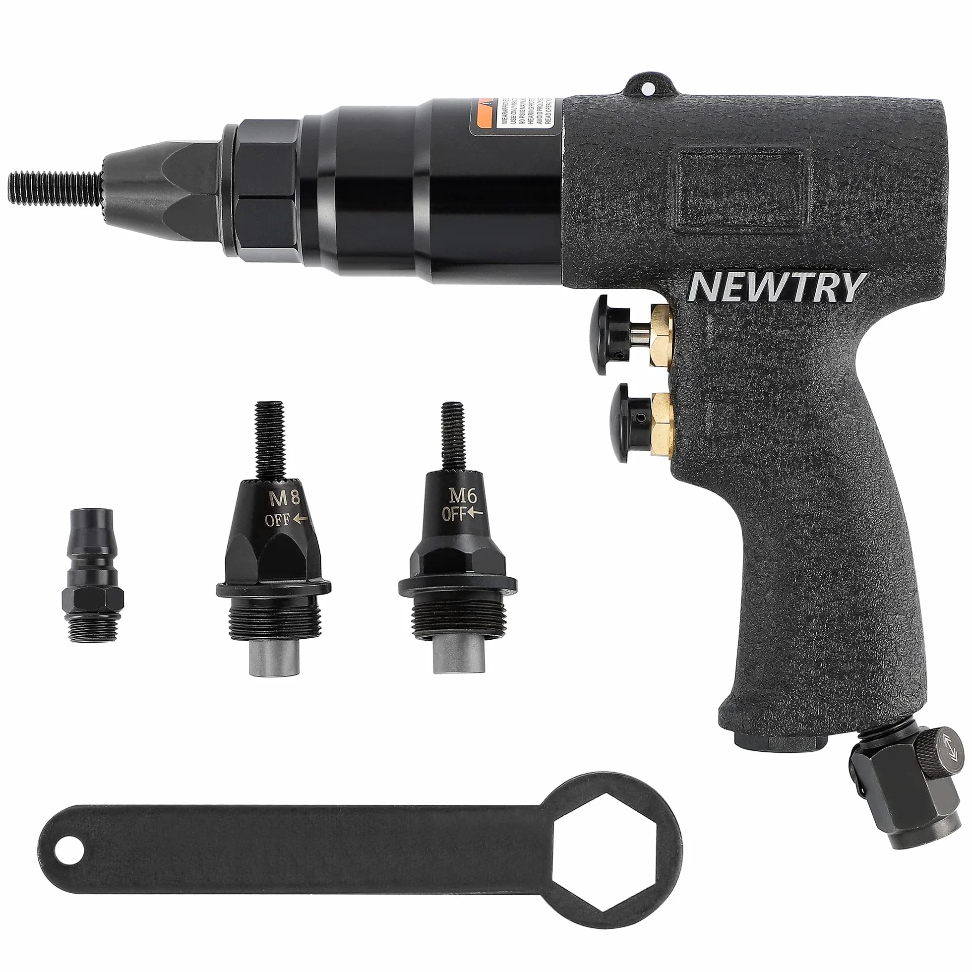 NEWTRY Kit de configuración de tuerca de remache neumático Pistola de remache de tuerca de tracción de aire Herramienta de remachado Remachadora 1/4 (Pistola 6065 con cabezal M4, M5, M6)