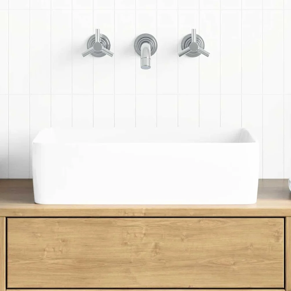 vidaXL Lavabo Rectangular, Lavamanos para Encimera, Fregadero Rectangular, Lavabo para Baño Aseo Tocador, Cerámica Blanco 48x37x13 cm