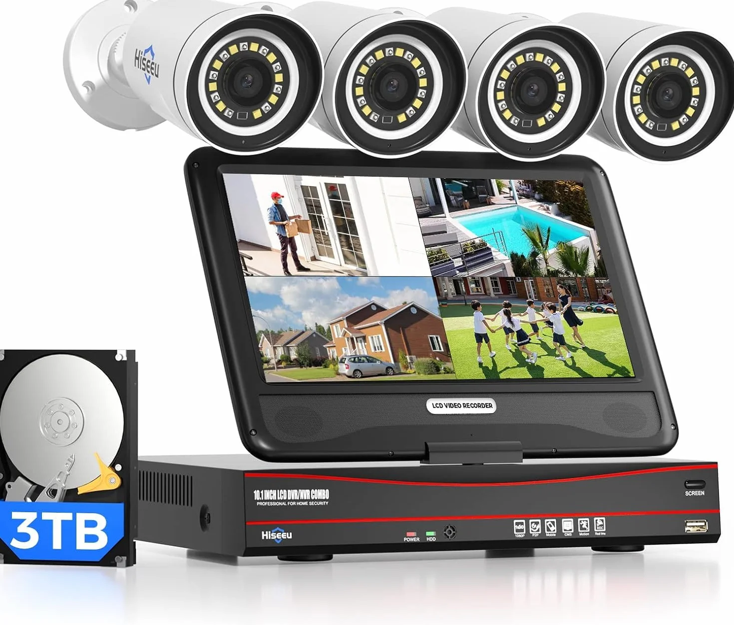 Hiseeu Kit de Cámaras de Vigilancia PoE 8CH 5MP, Sistema de Cámara Vigilancia con 10 Pulgada de Monitor,4x Cámara de Seguridad Exterior con Disco Duro de 3TB, Visión Nocturna Color
