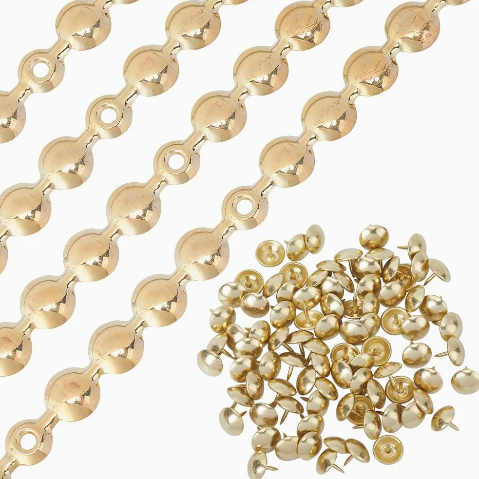 GORGECRAFT 5pz*1m Tiras de Tachuelas para Tapicería 10.5mm Cabeza Redonda de Hierro Metálico Adornos Decorativos Brillantes con 90 Piezas de Clavos para Tapicería Tachuelas Sueltas Combinadas Dorado