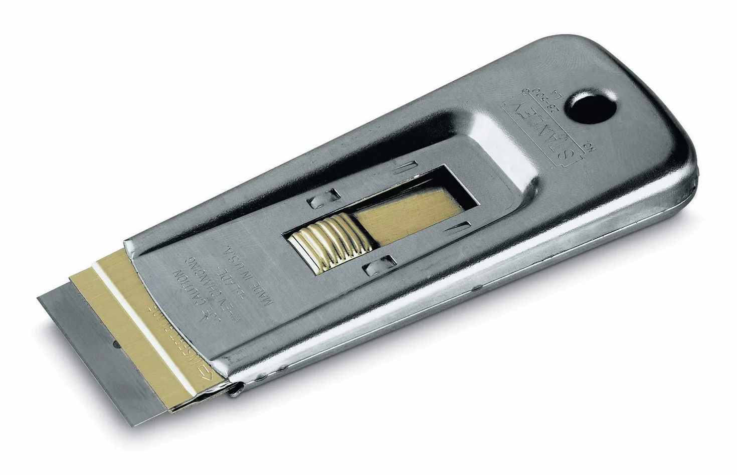 STANLEY Rascavidrios de calidad profesional, Anticorrosión y antiabrasión, Cuerpo metálico, Cuchilla rectangular y retráctil de 40 mm, Pulsador de latón, 0-28-500