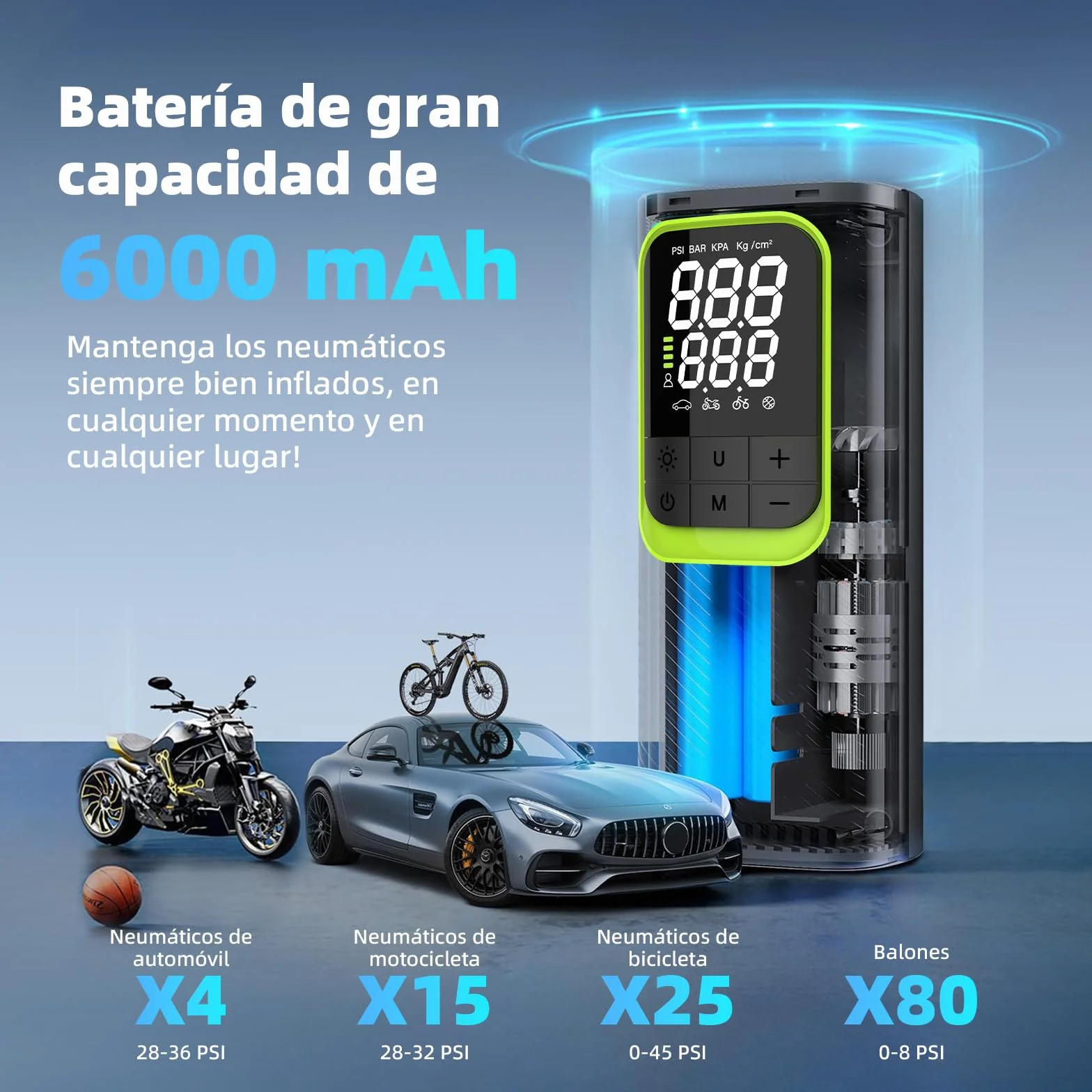 Compresor Aire Portatil, Inflador Ruedas Coche 150 PSI Inalámbrico, Batería Recargable con Pantalla Digital y Luz LED, Modos Automáticos de Inflado, para Coche, Moto, Bicicleta y Pelotas,Negro y verde