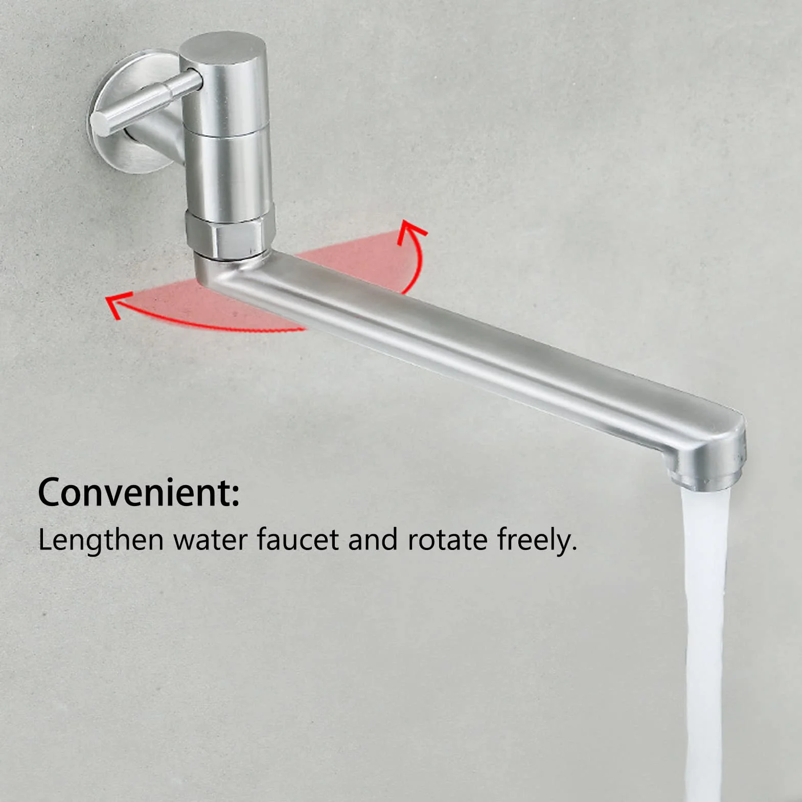 Grifo de Baño y Cocina de Pared G1/2 - Acero Inoxidable, Montado en la Pared, 360° Caño Giratorio Alargado para Lavabos, Fregaderos, Piscinas y Balcón