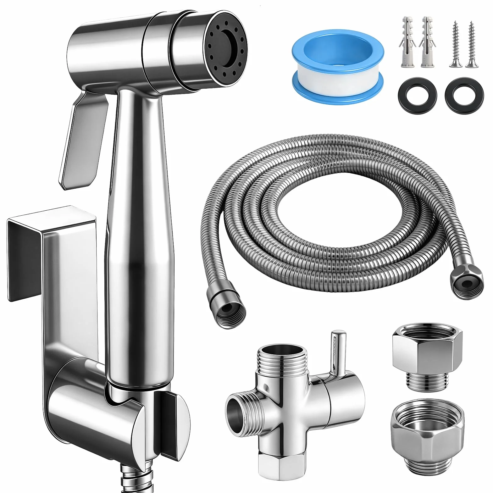 Set de Ducha Bidé de Mano, Pulverizador de Bidé de Mano con Válvula en T G1/2" y Adaptador de Inodoro G3/8", Manguera de 150 cm, Cabezal de Ducha para Pañales y Baño de Mascotas