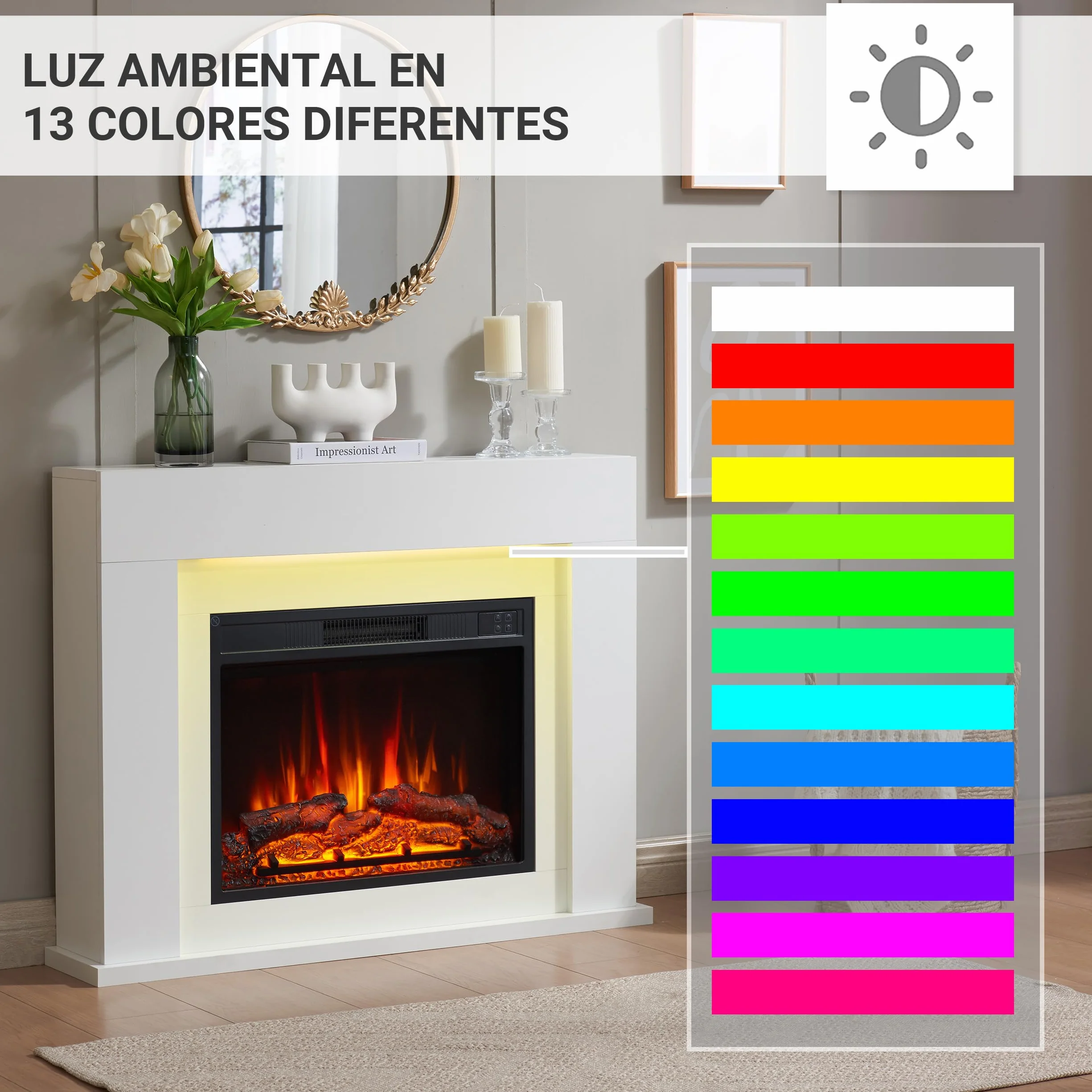 BALDERIA Finn Design - Chimenea Eléctrica con Mueble Blanco, Calefactor bajo Consumo