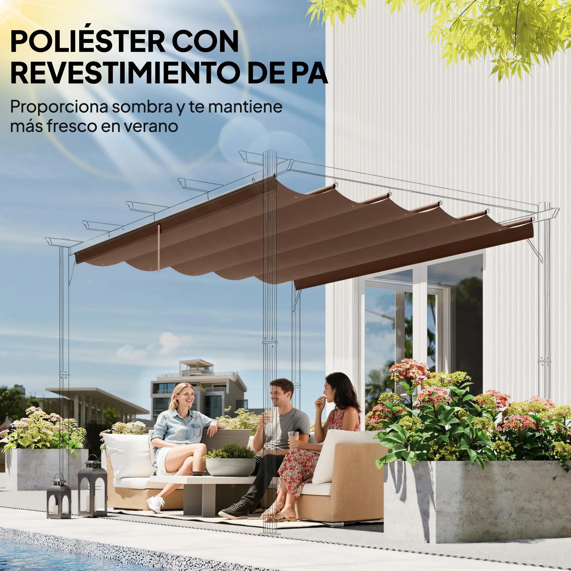 Outsunny Techo de Pérgola 3,5x2,6 m, Repuesto Retráctil UV30+, Toldo Jardín Café