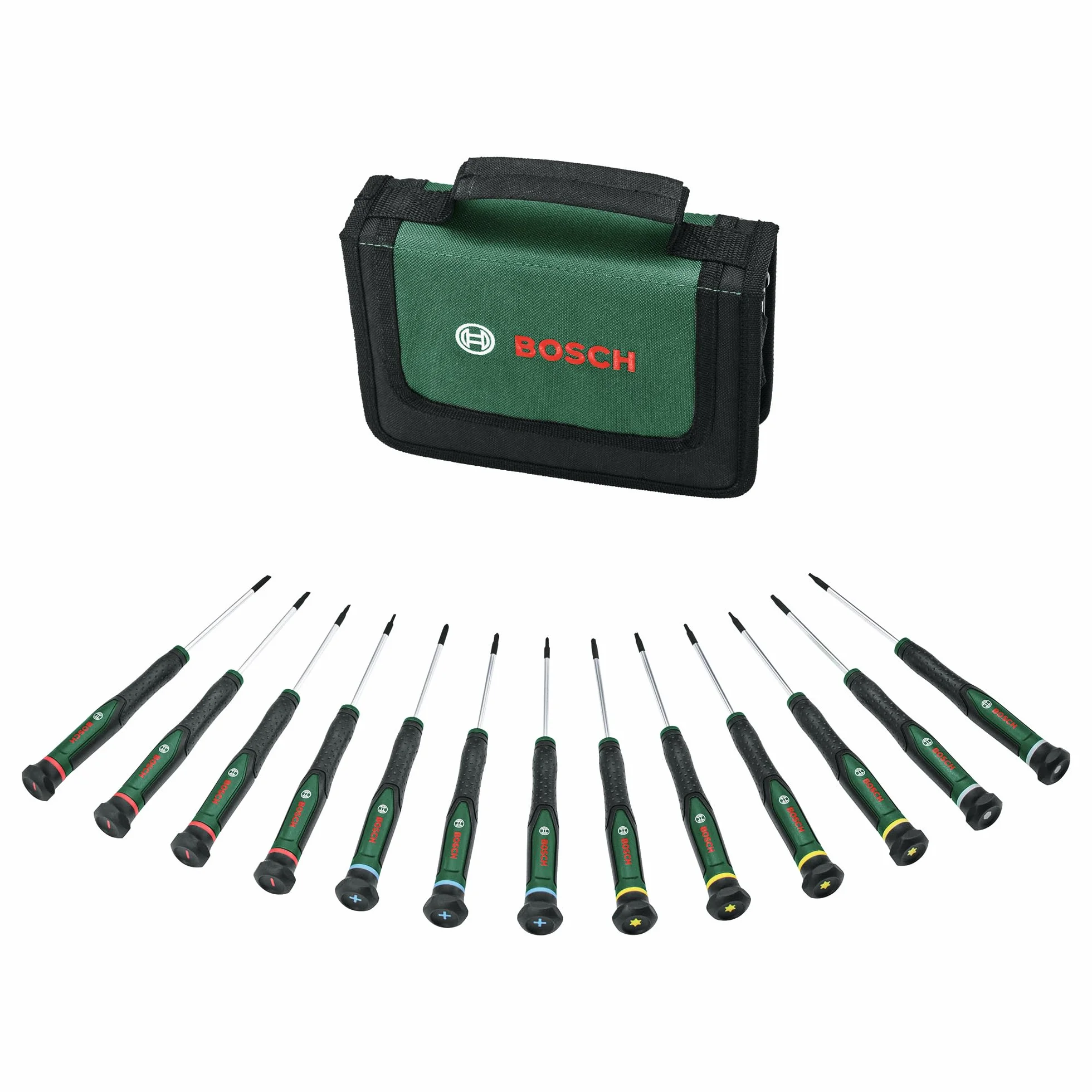 Bosch Juego destornilladores de precisión Bosch 13 pza. (acero S2 extraduro, para bricolaje/modelismo/manualidades; punta precisa/magnética; PH/TX/HEX/SL; tamaño codificado por color; mango suave)